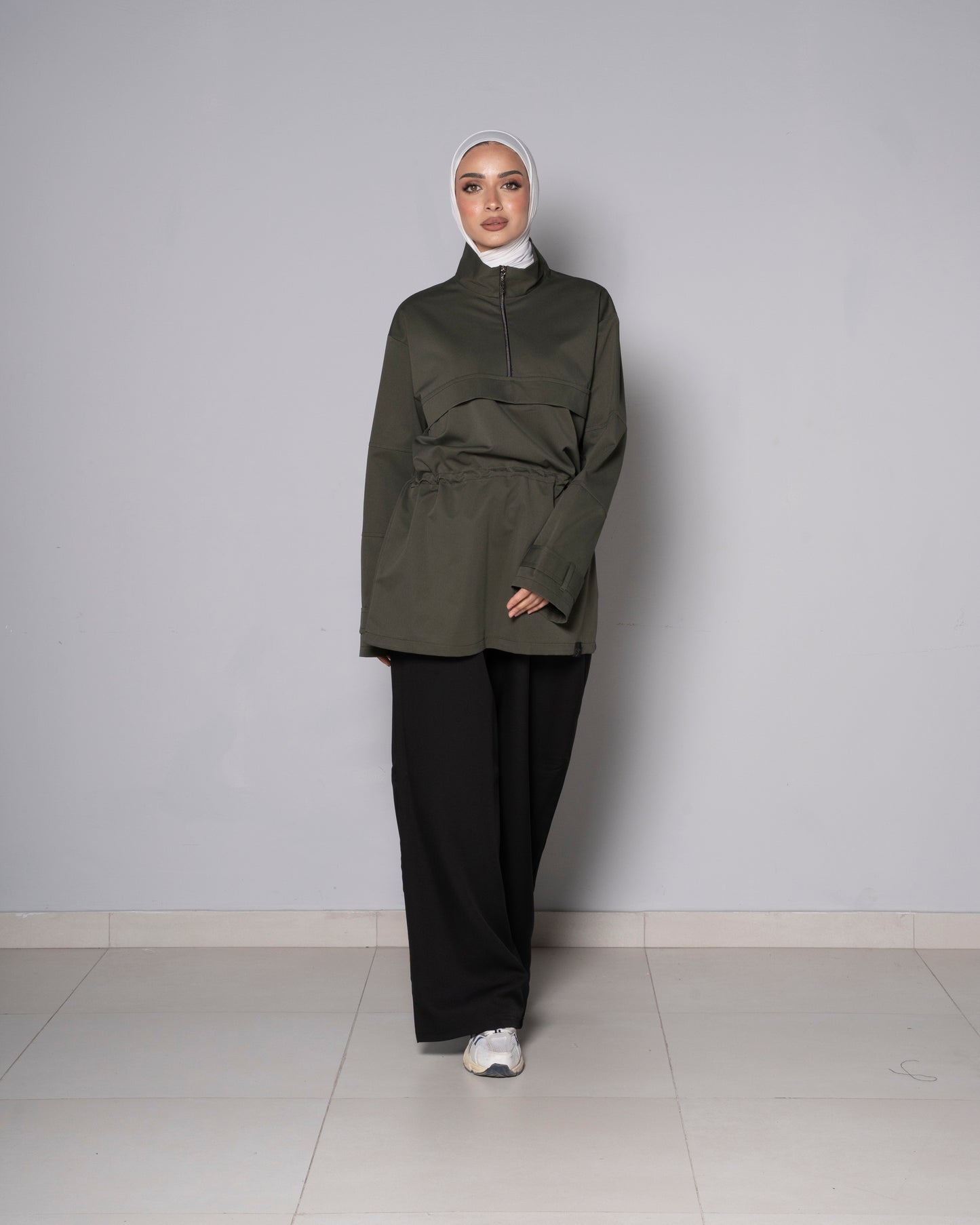 Dark Green Half-Zip Tunic with Cinched Waist