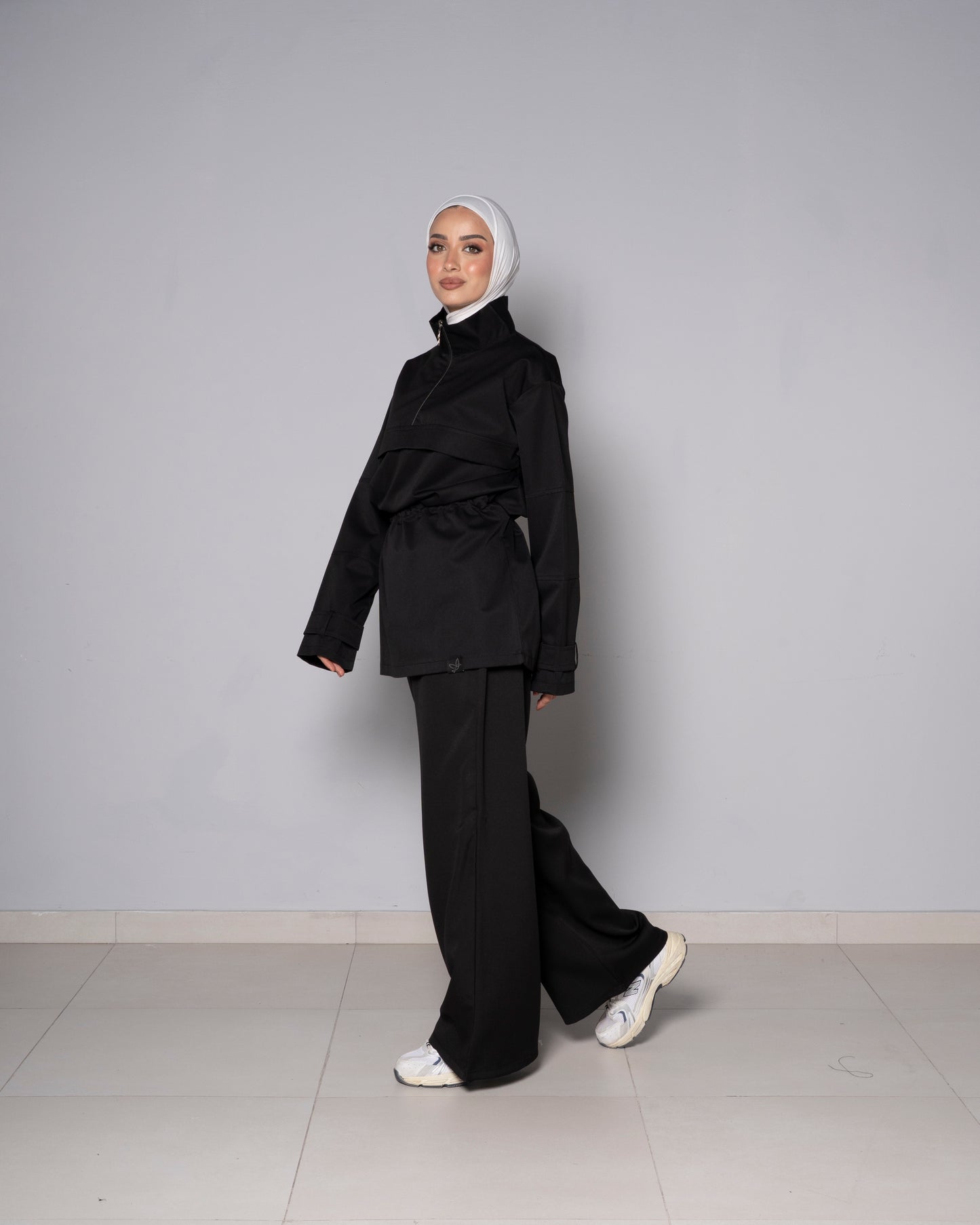 Black Half-Zip Tunic with Cinched Waist