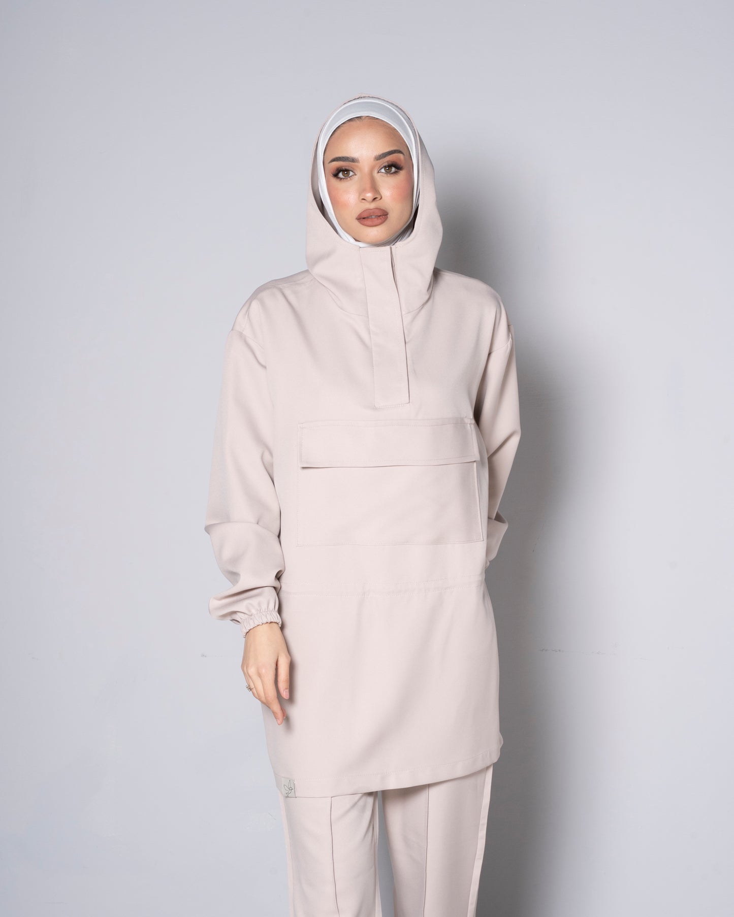 Beige Half-Zip Short Hoodie with Cinched Waist