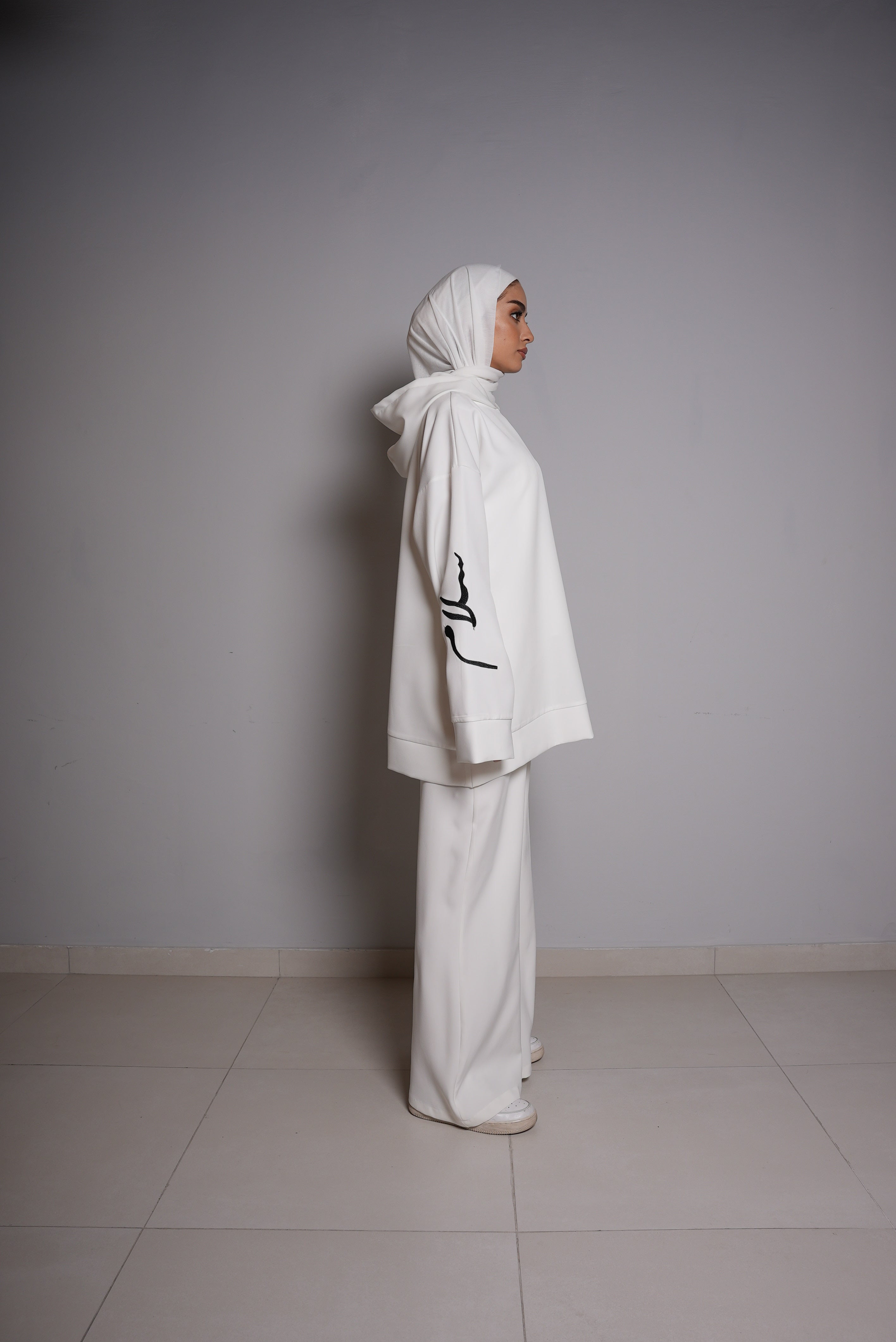 White Short Hoodie and White Pants Set