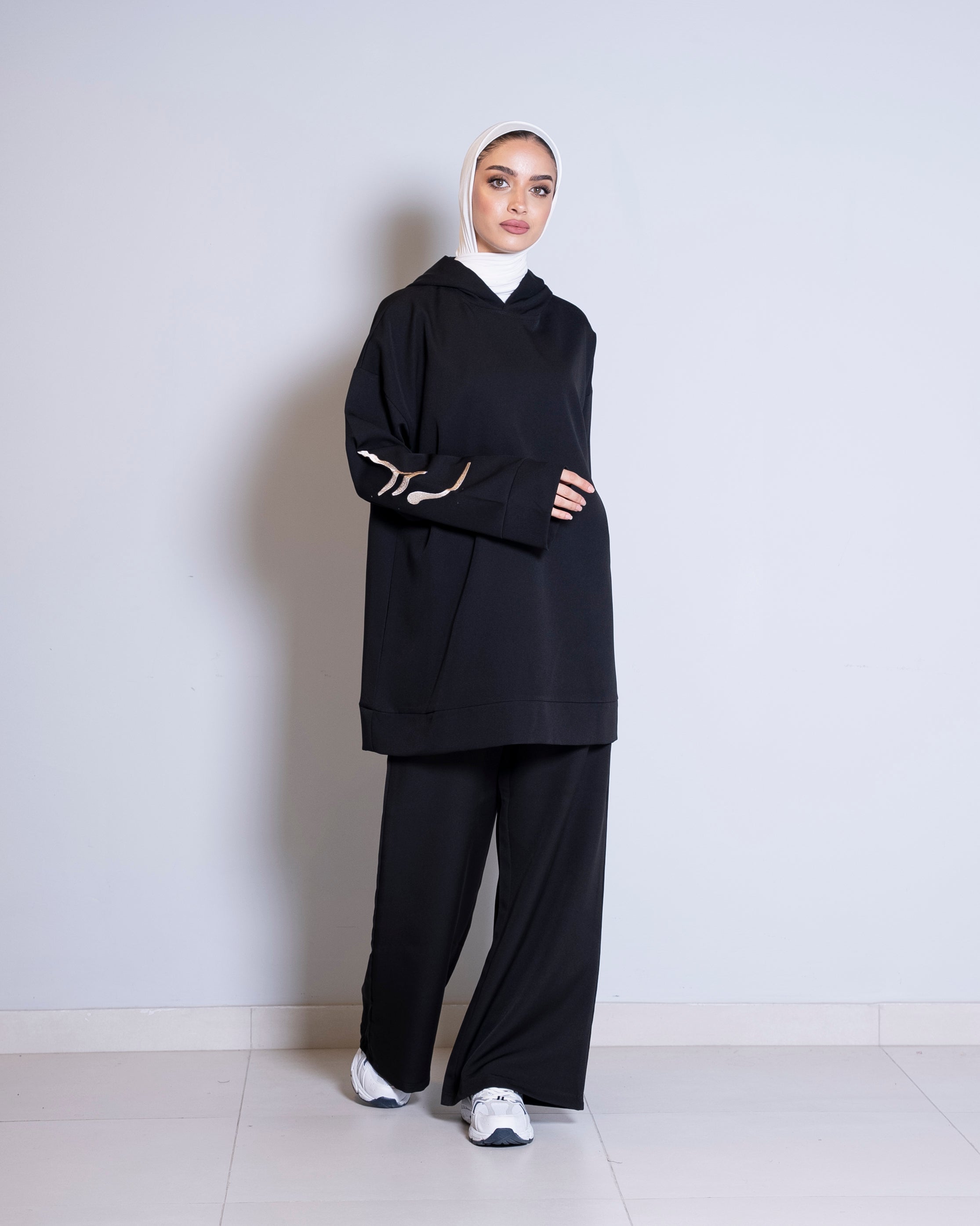 Black Short Hoodie and Black Pants Set