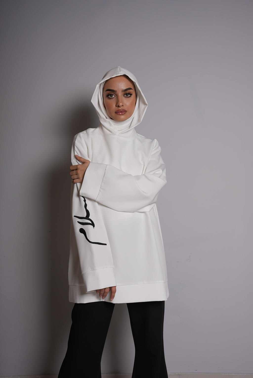 White Short Hoodie and Black Pants Set