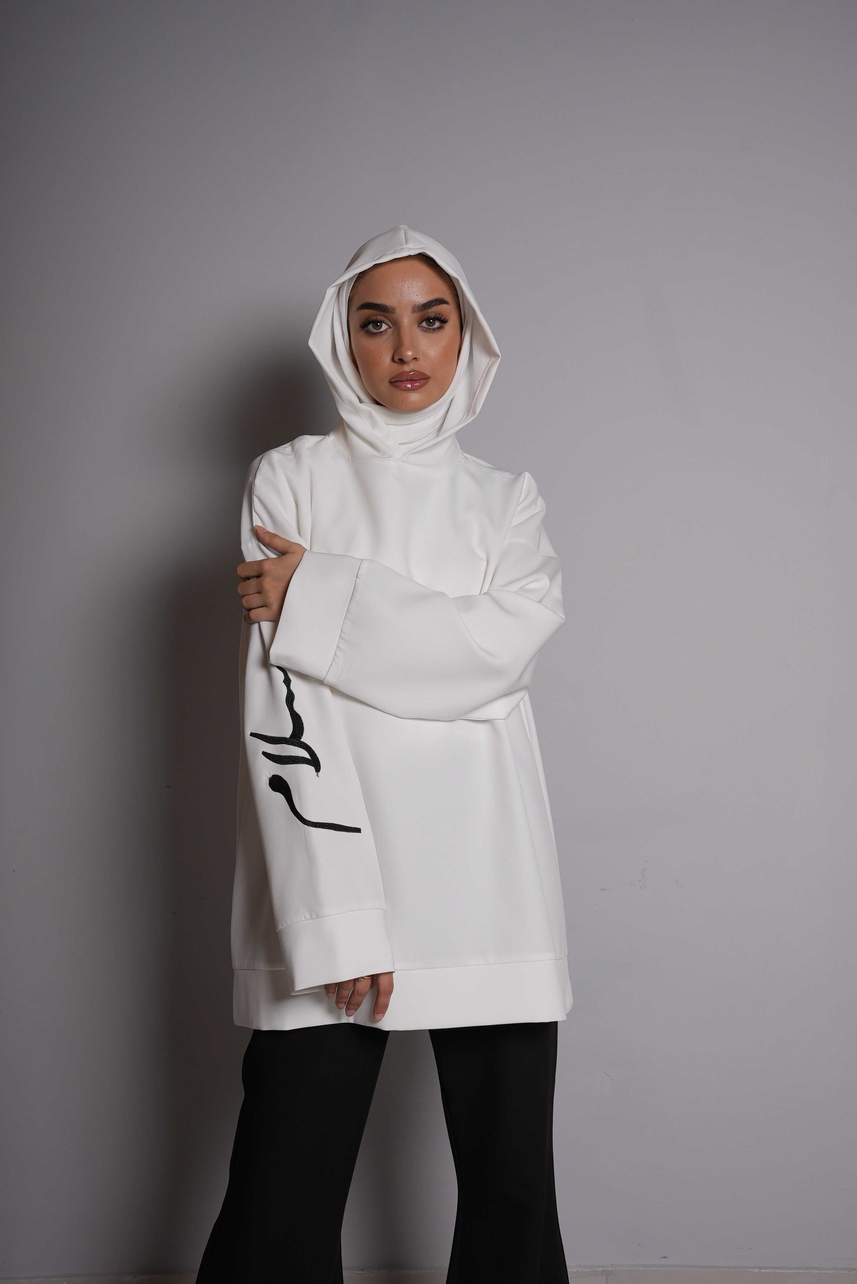 White Short Hoodie and Black Pants Set