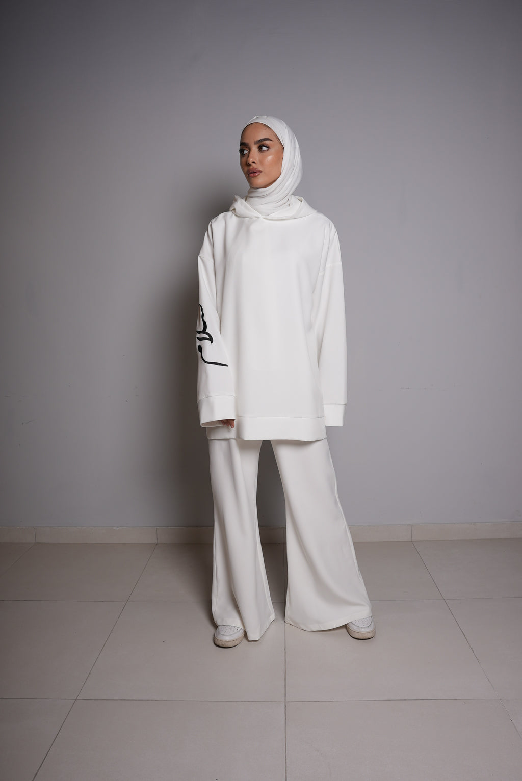 White Short Hoodie and White Pants Set