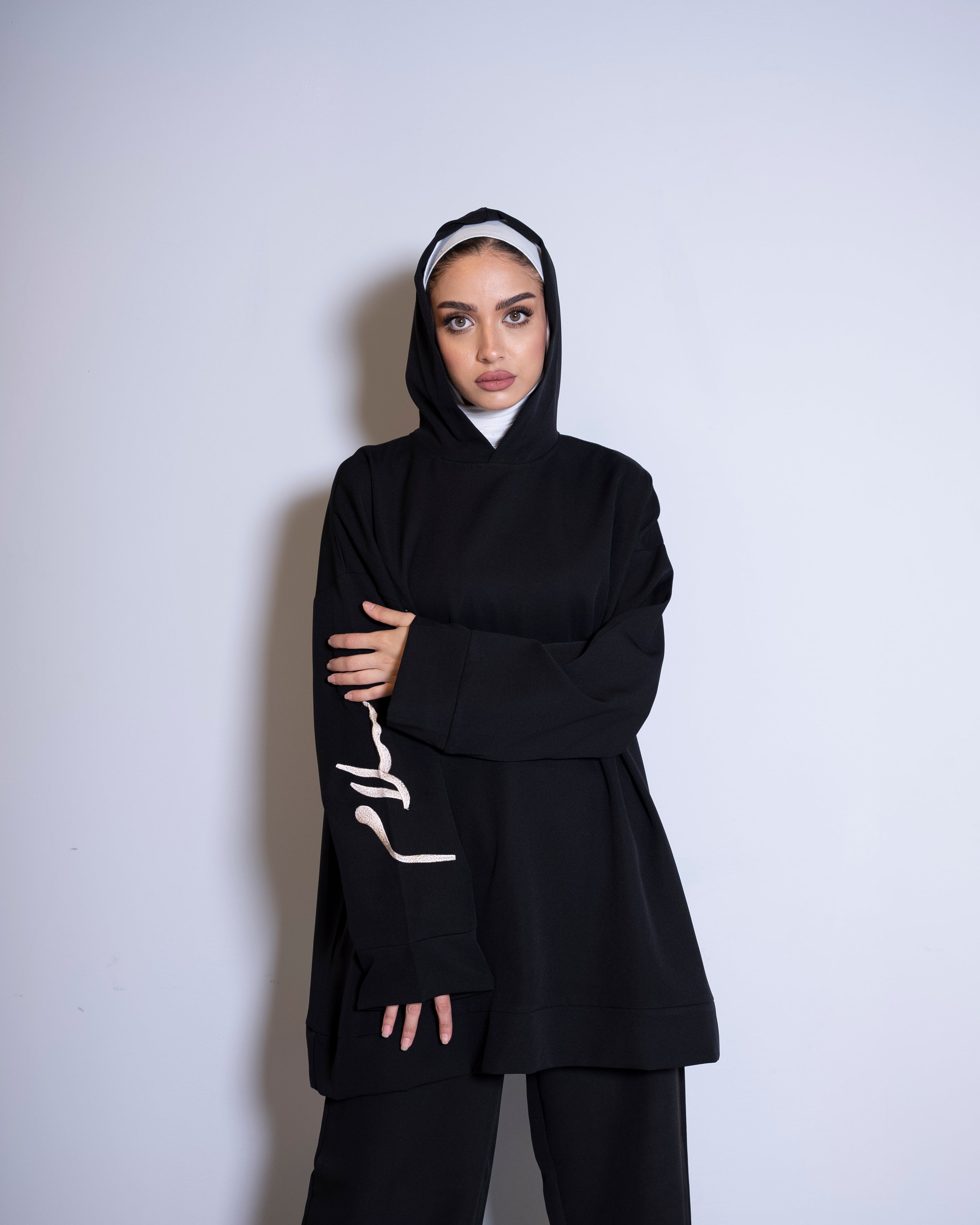 Black Short Hoodie and Black Pants Set