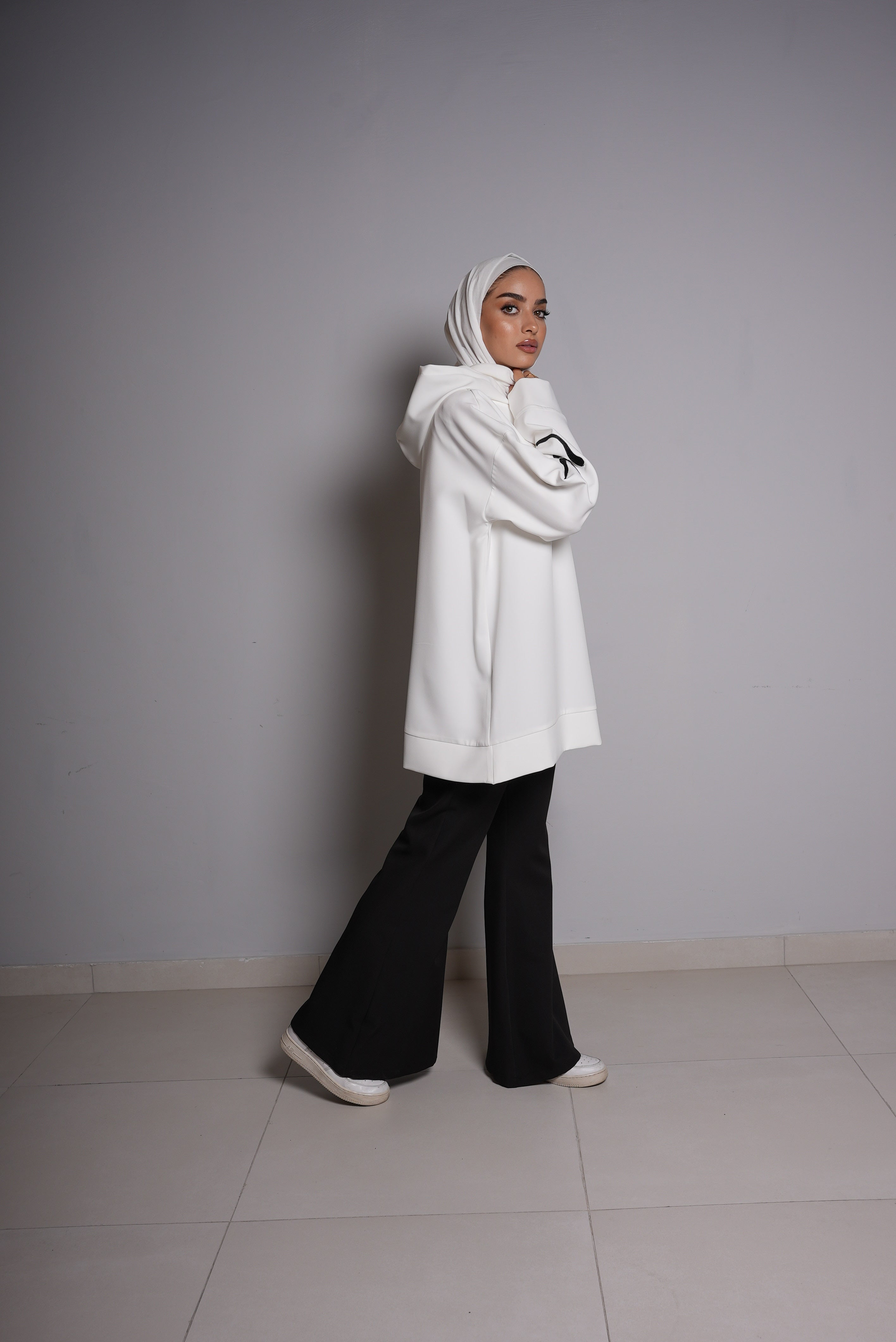 White Short Hoodie and Black Pants Set