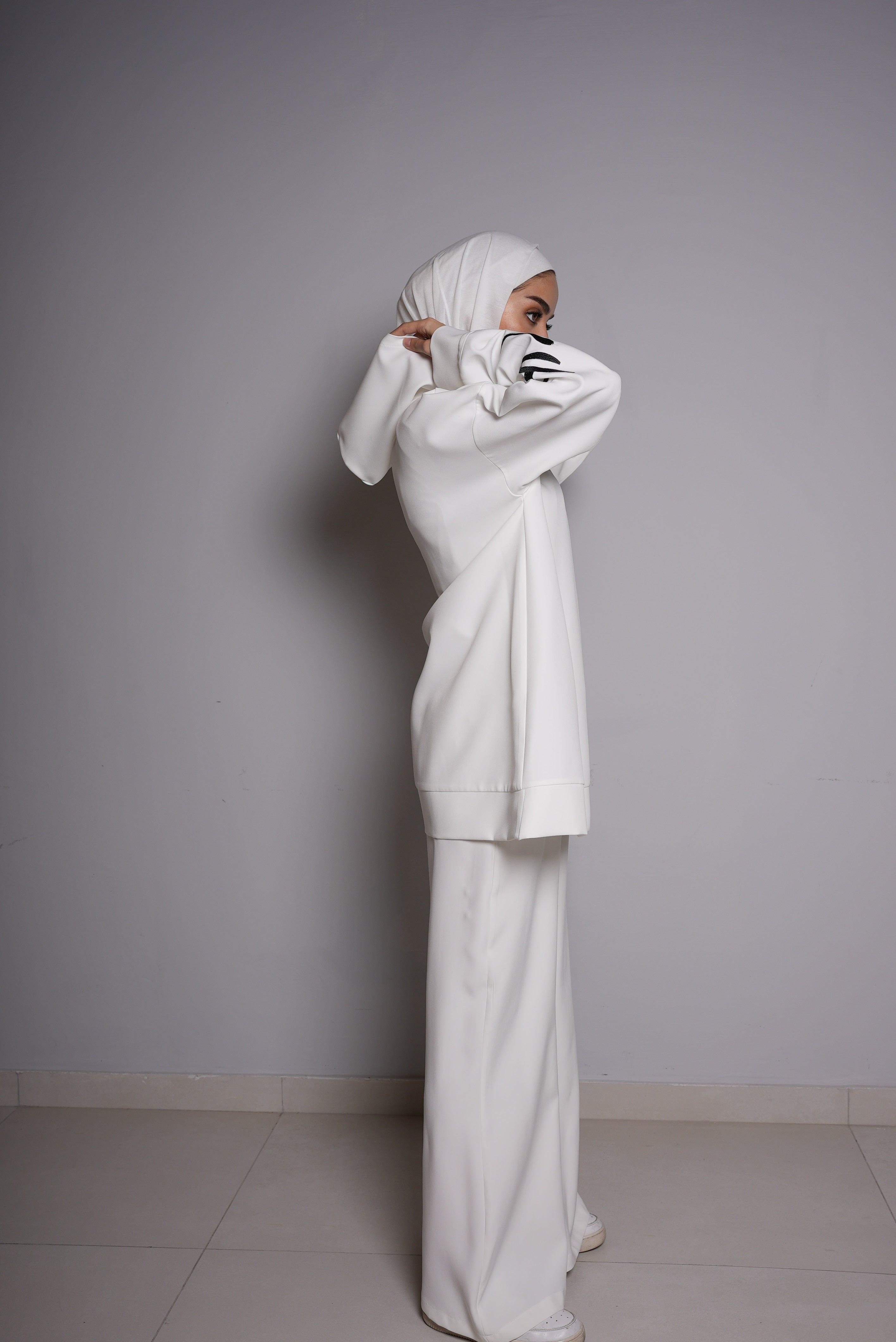 White Short Hoodie and White Pants Set
