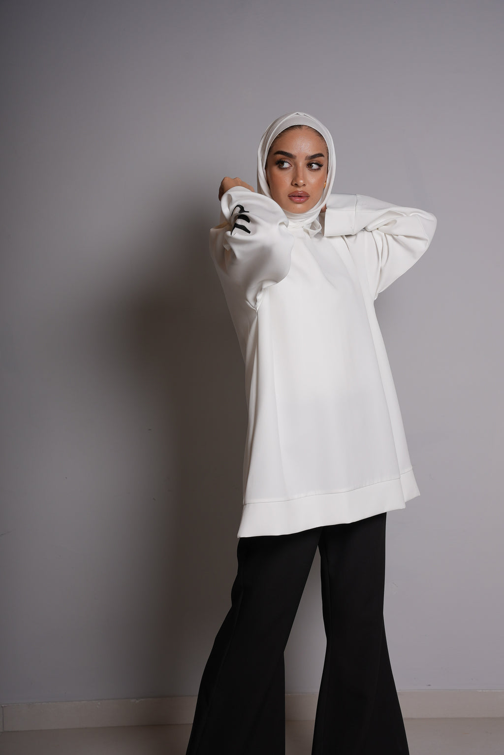 White Short Hoodie and Black Pants Set
