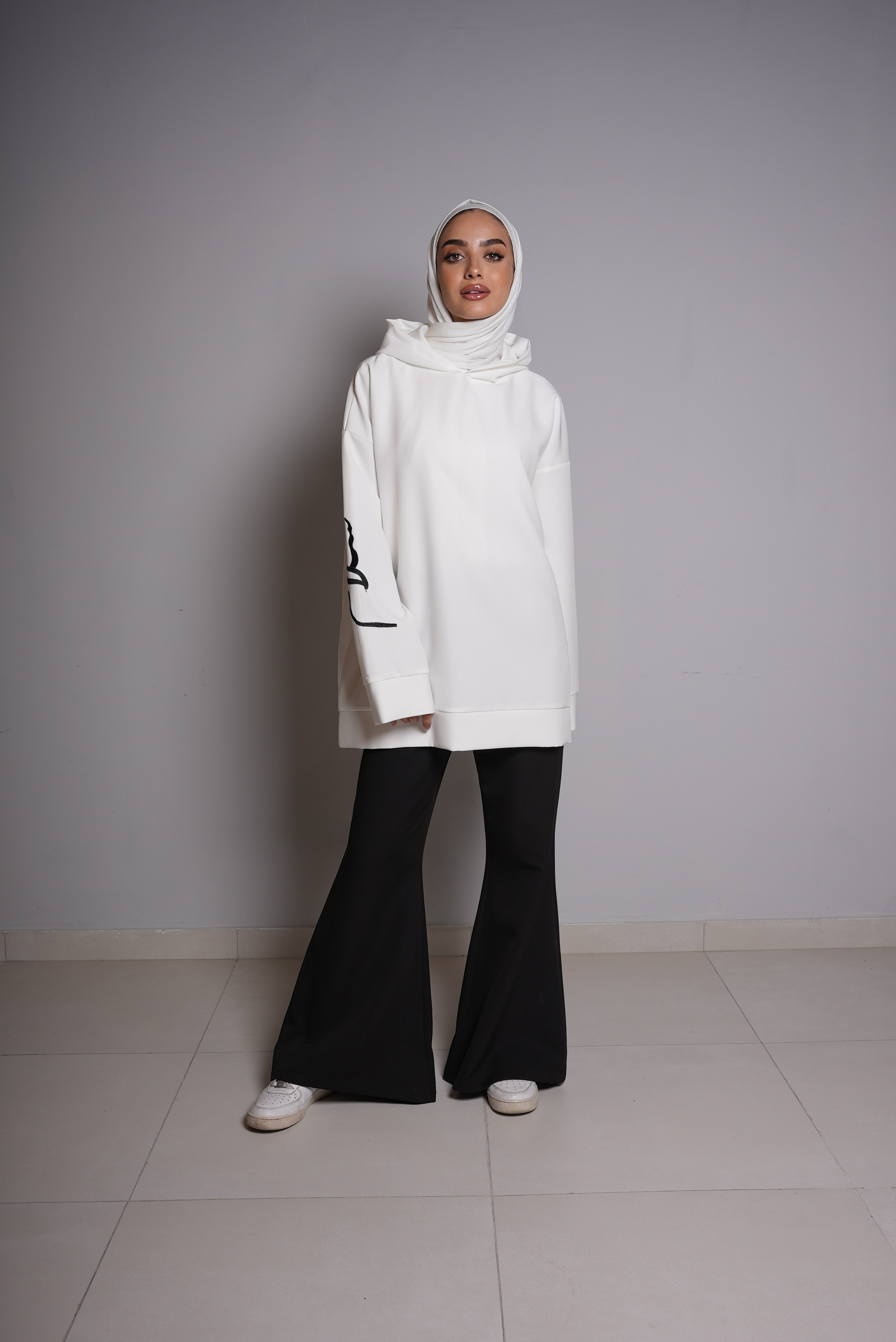 White Short Hoodie and Black Pants Set
