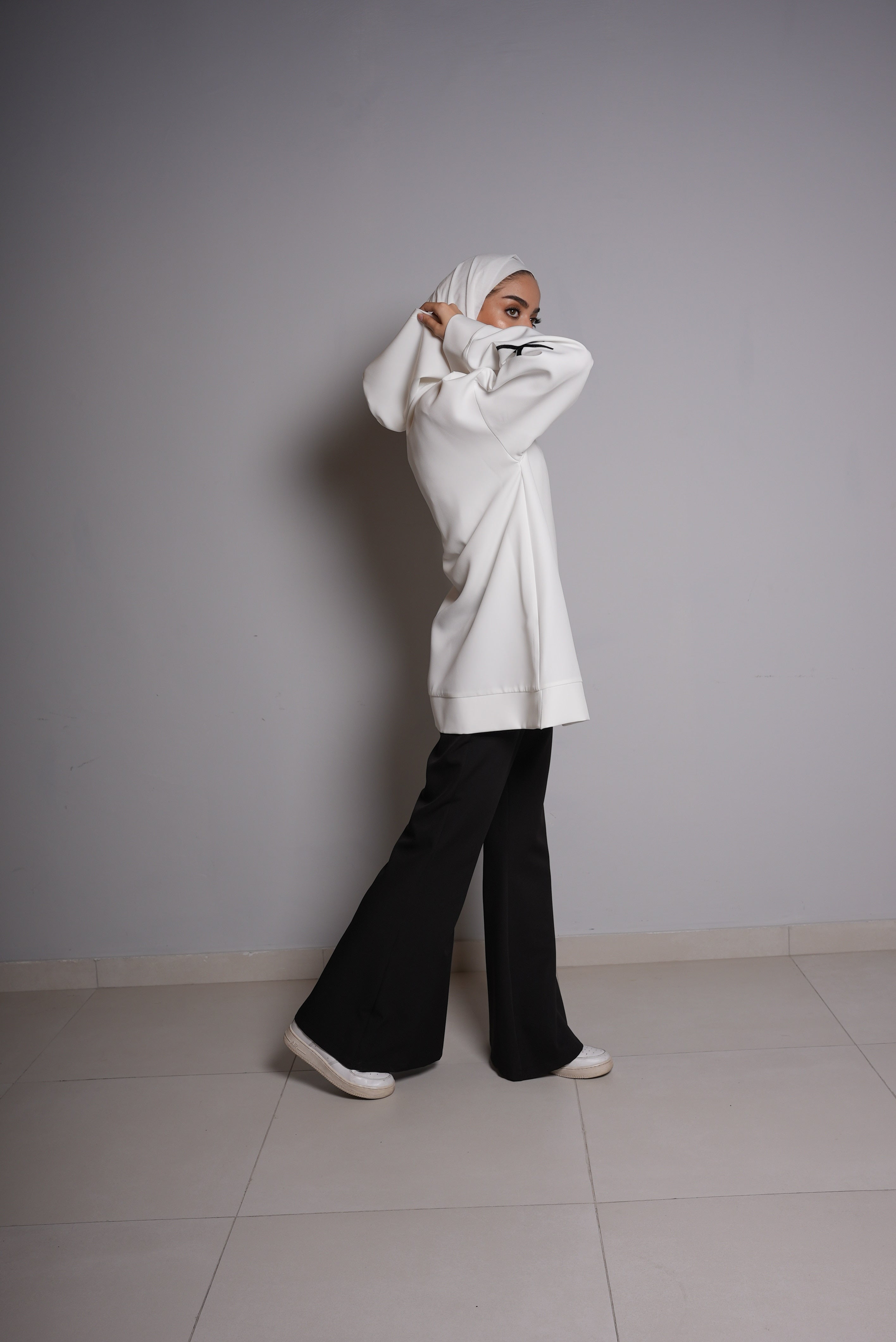 White Short Hoodie and Black Pants Set
