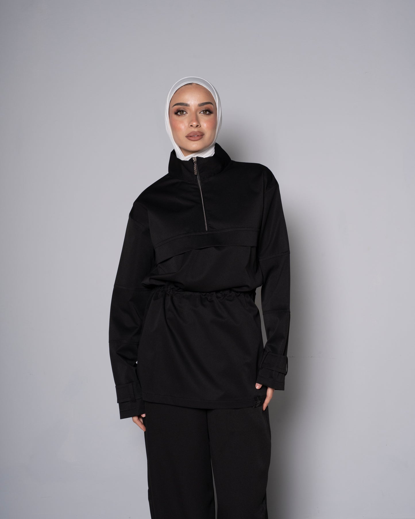Black Half-Zip Tunic with Cinched Waist