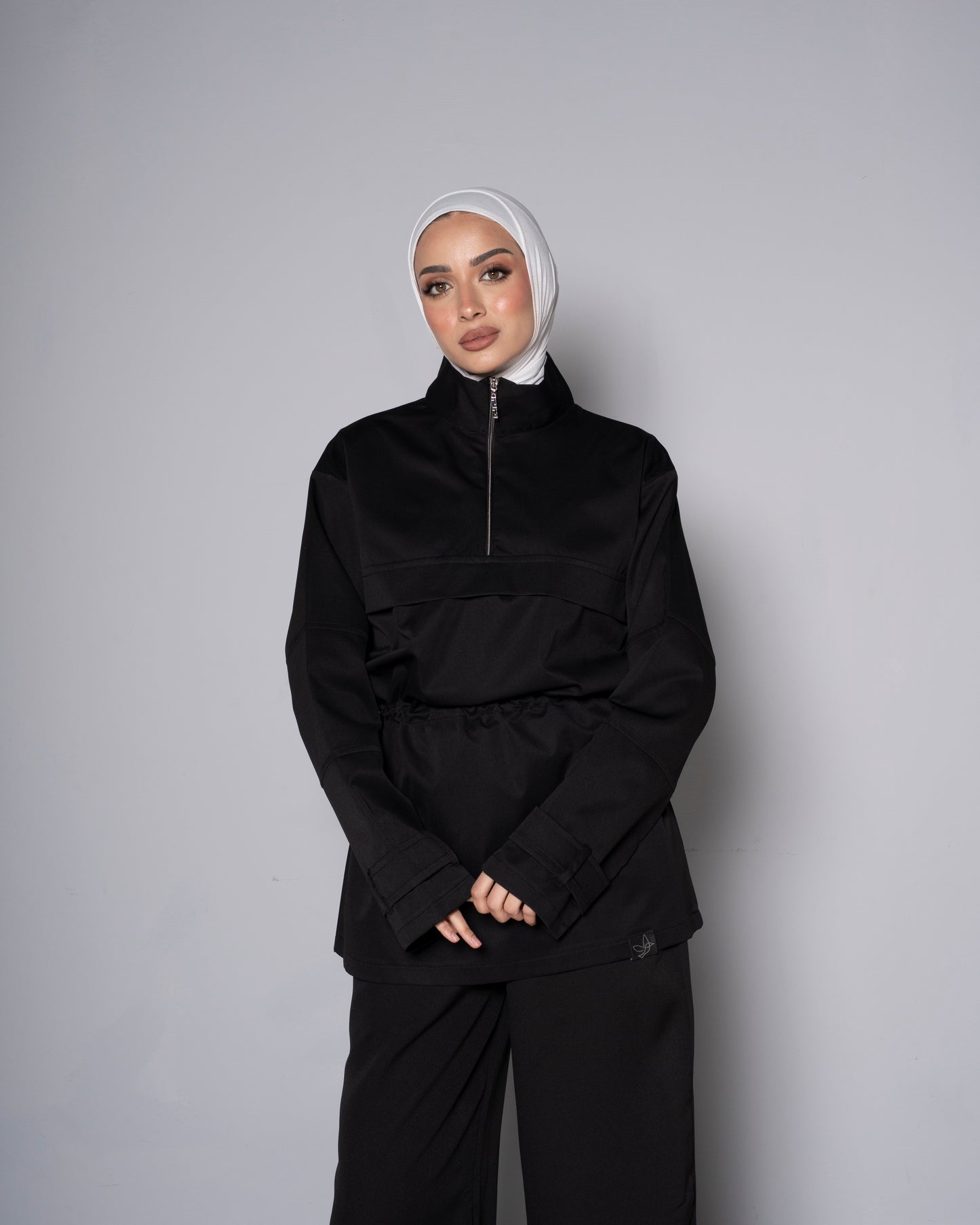 Black Half-Zip Tunic with Cinched Waist