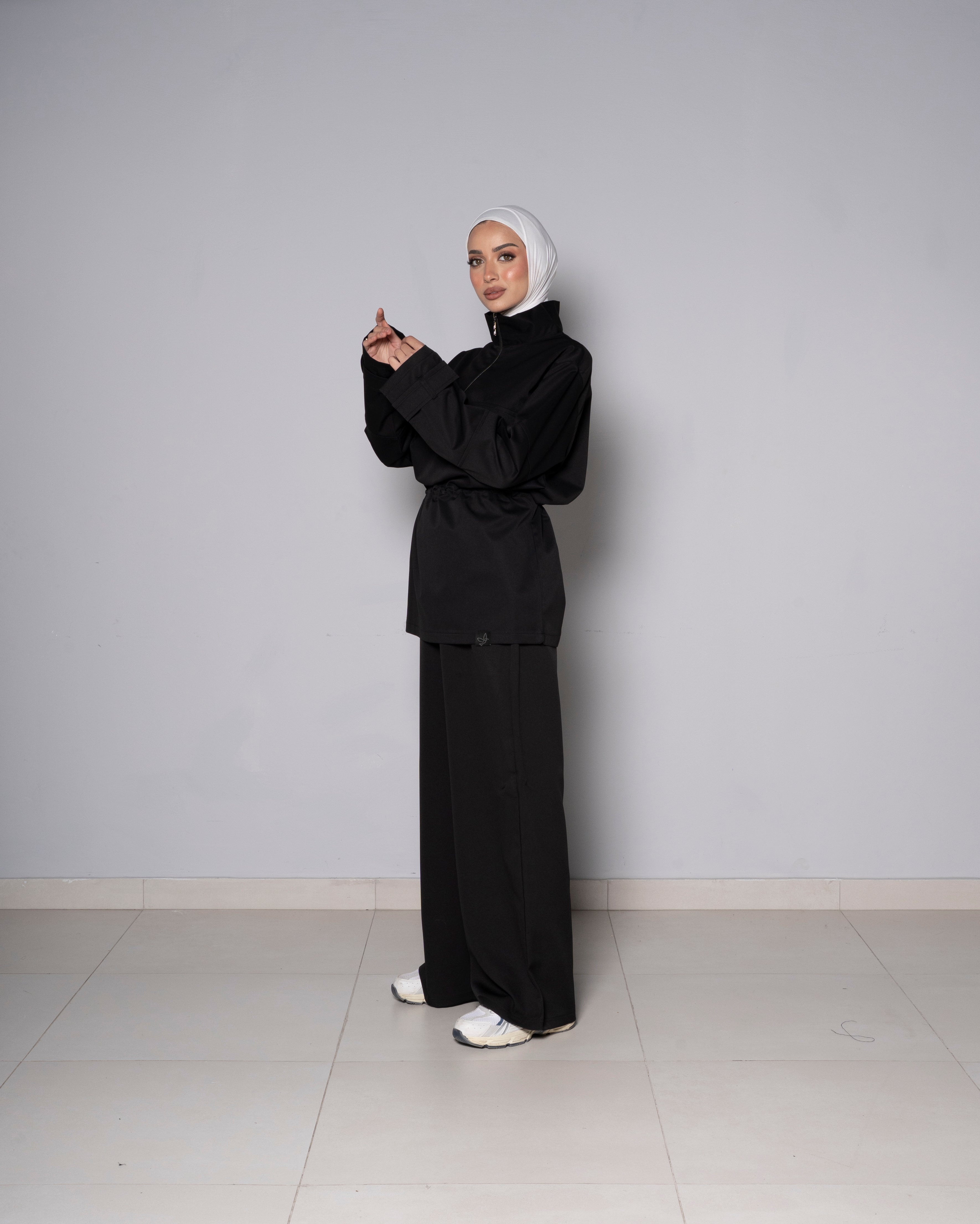 Black Half-Zip Tunic with Cinched Waist