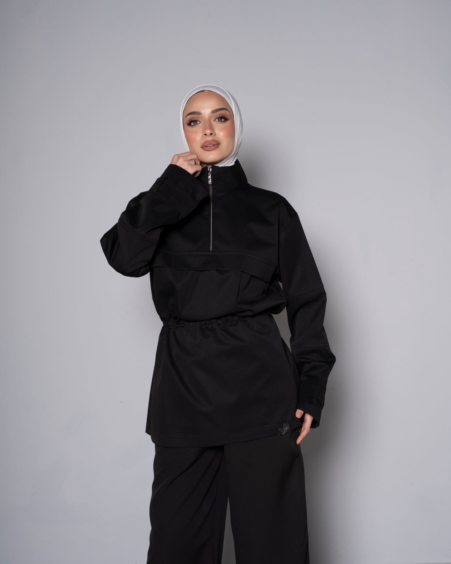 Black Half-Zip Tunic with Cinched Waist