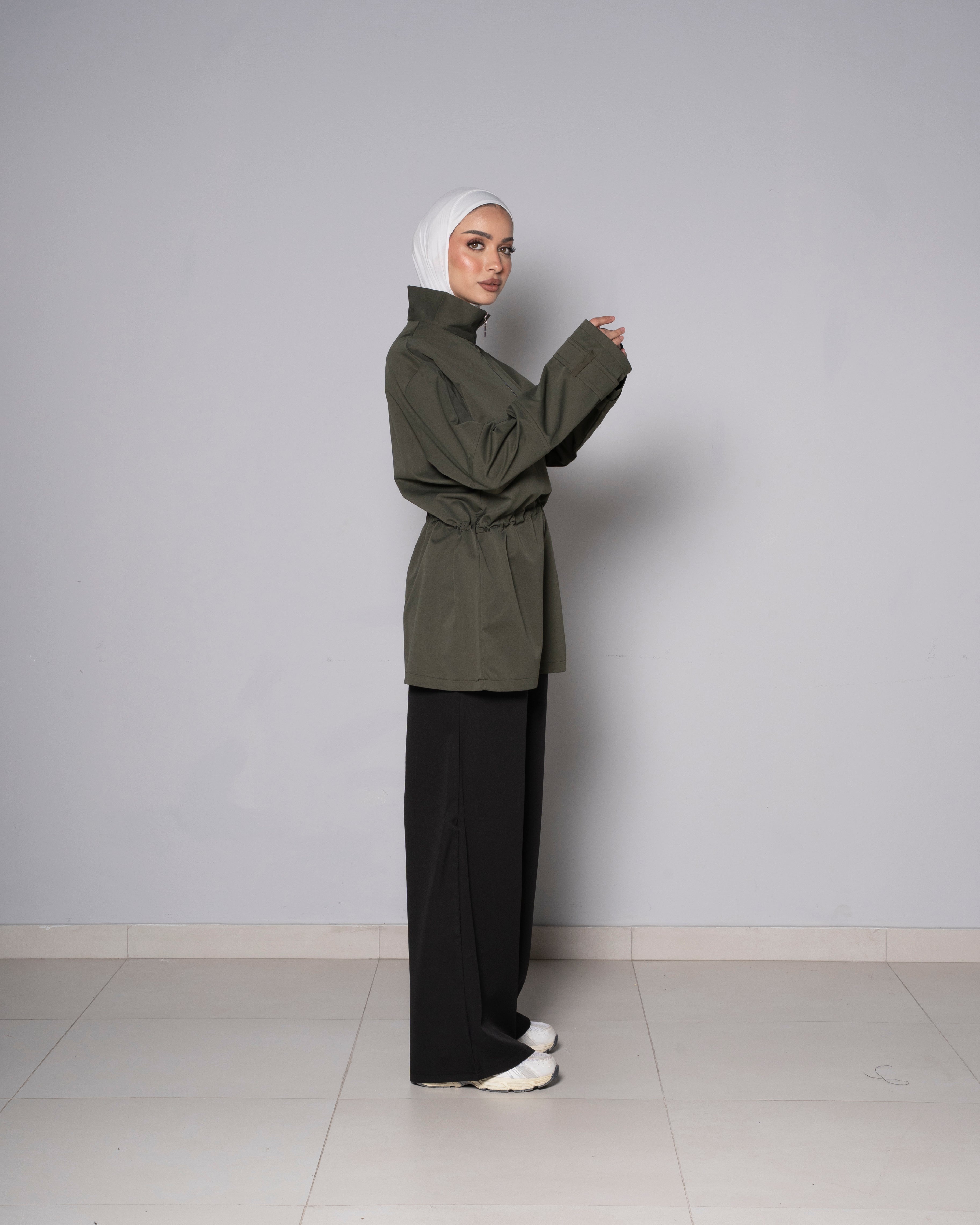 Dark Green Half-Zip Tunic with Cinched Waist