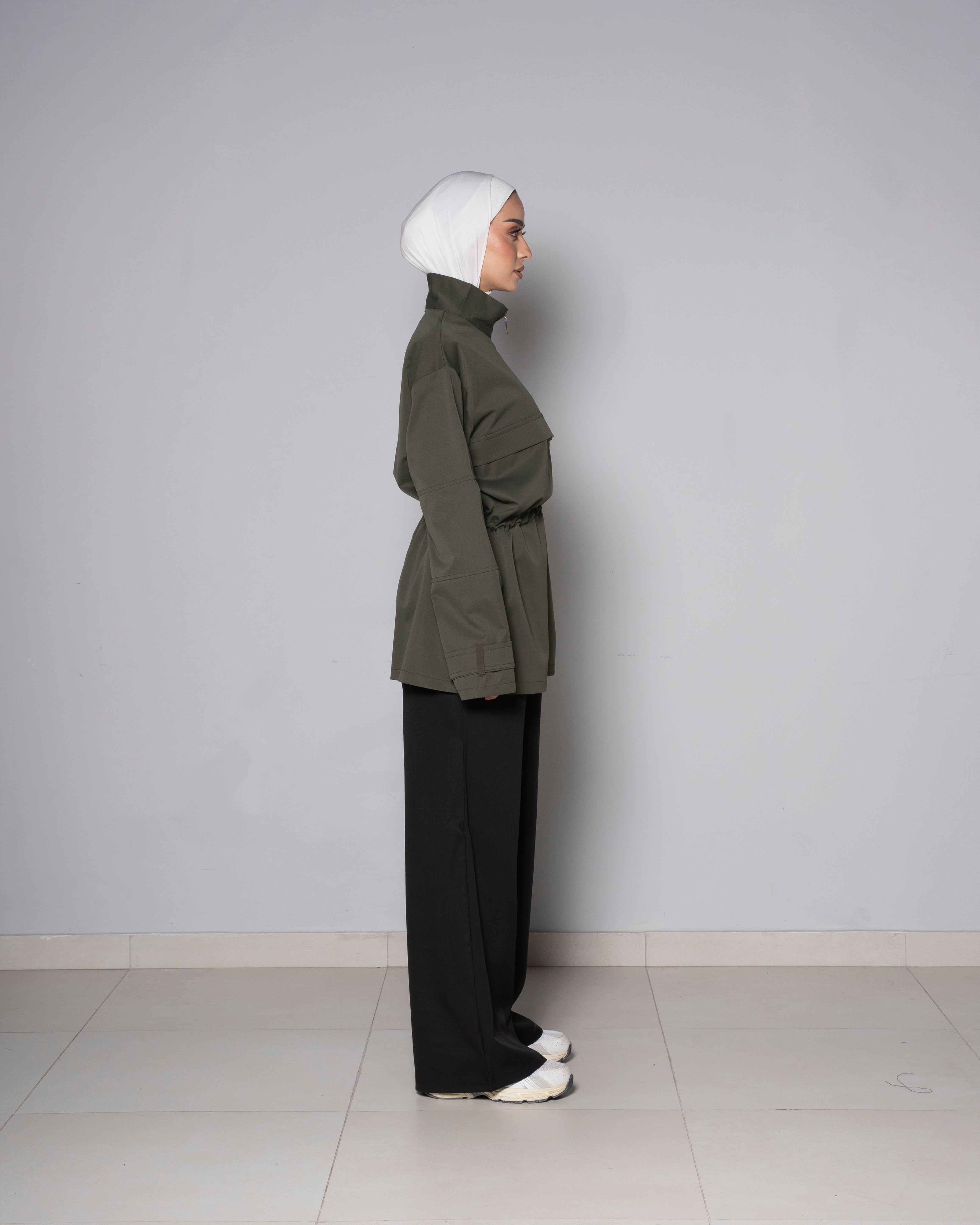 Dark Green Half-Zip Tunic with Cinched Waist