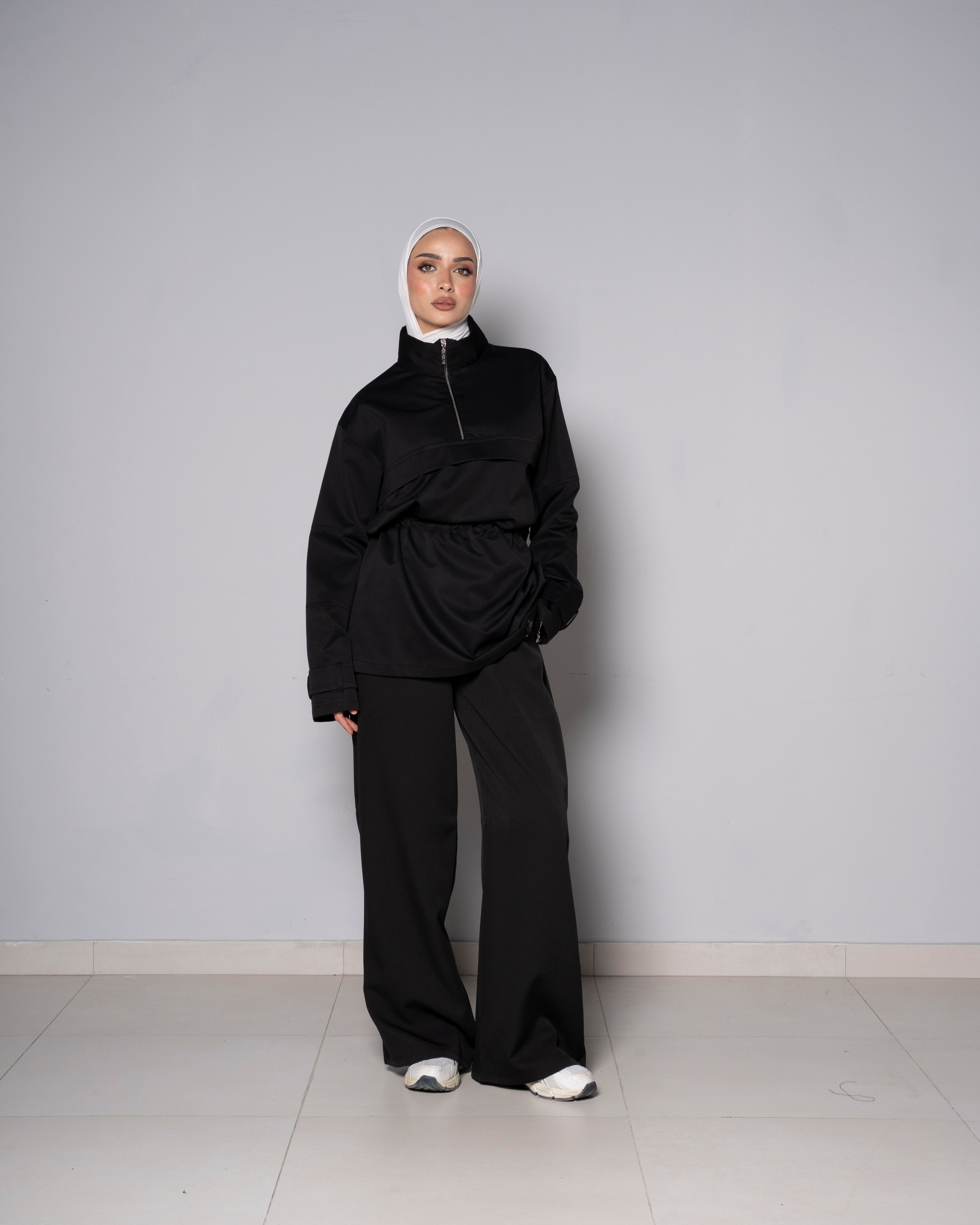 Black Half-Zip Tunic with Cinched Waist