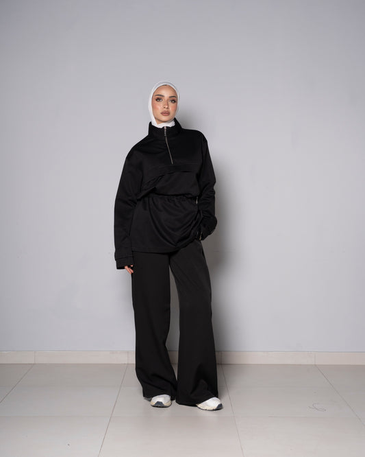 Black Half-Zip Tunic with Cinched Waist