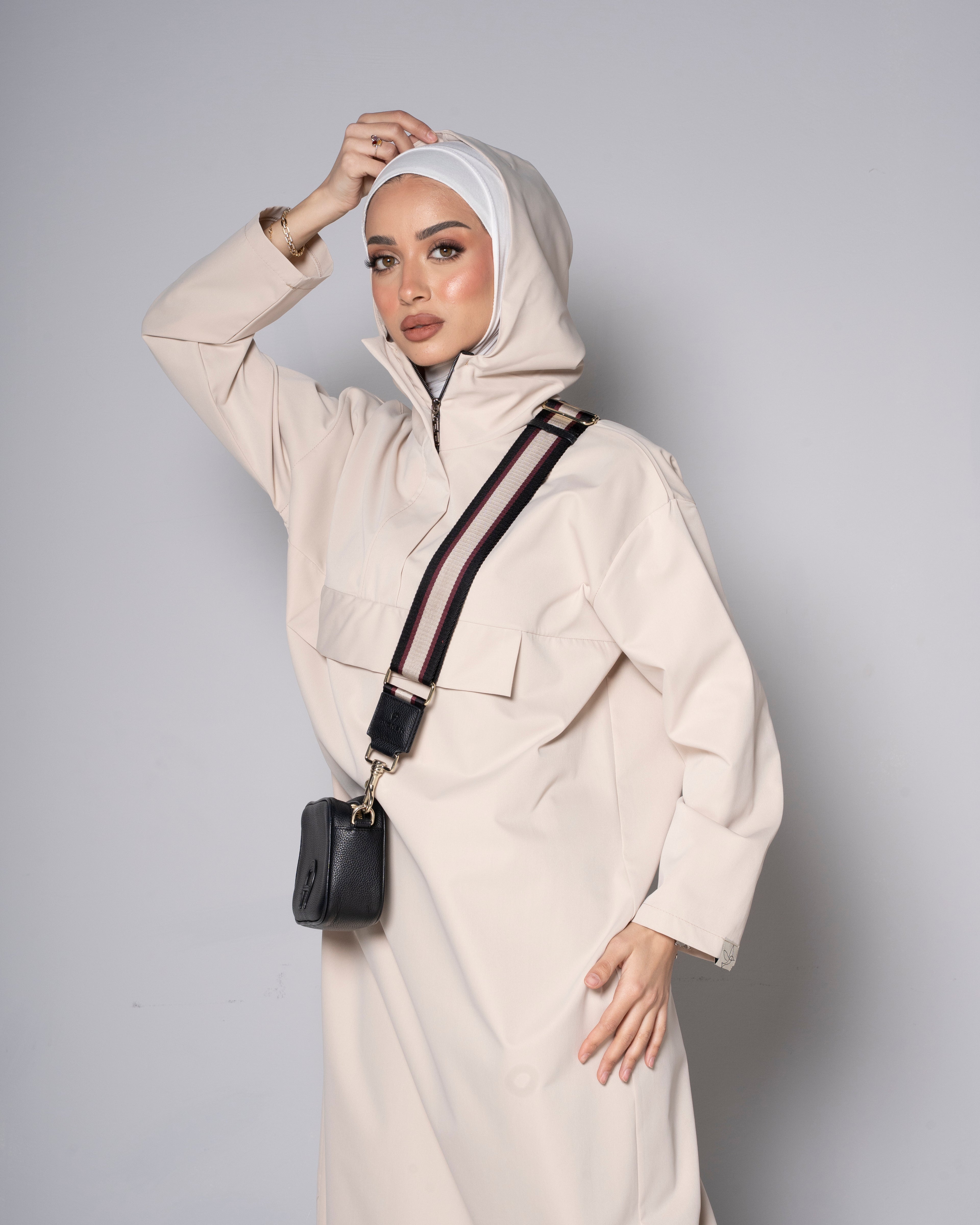 Beige Midi Zip Up Hoodie