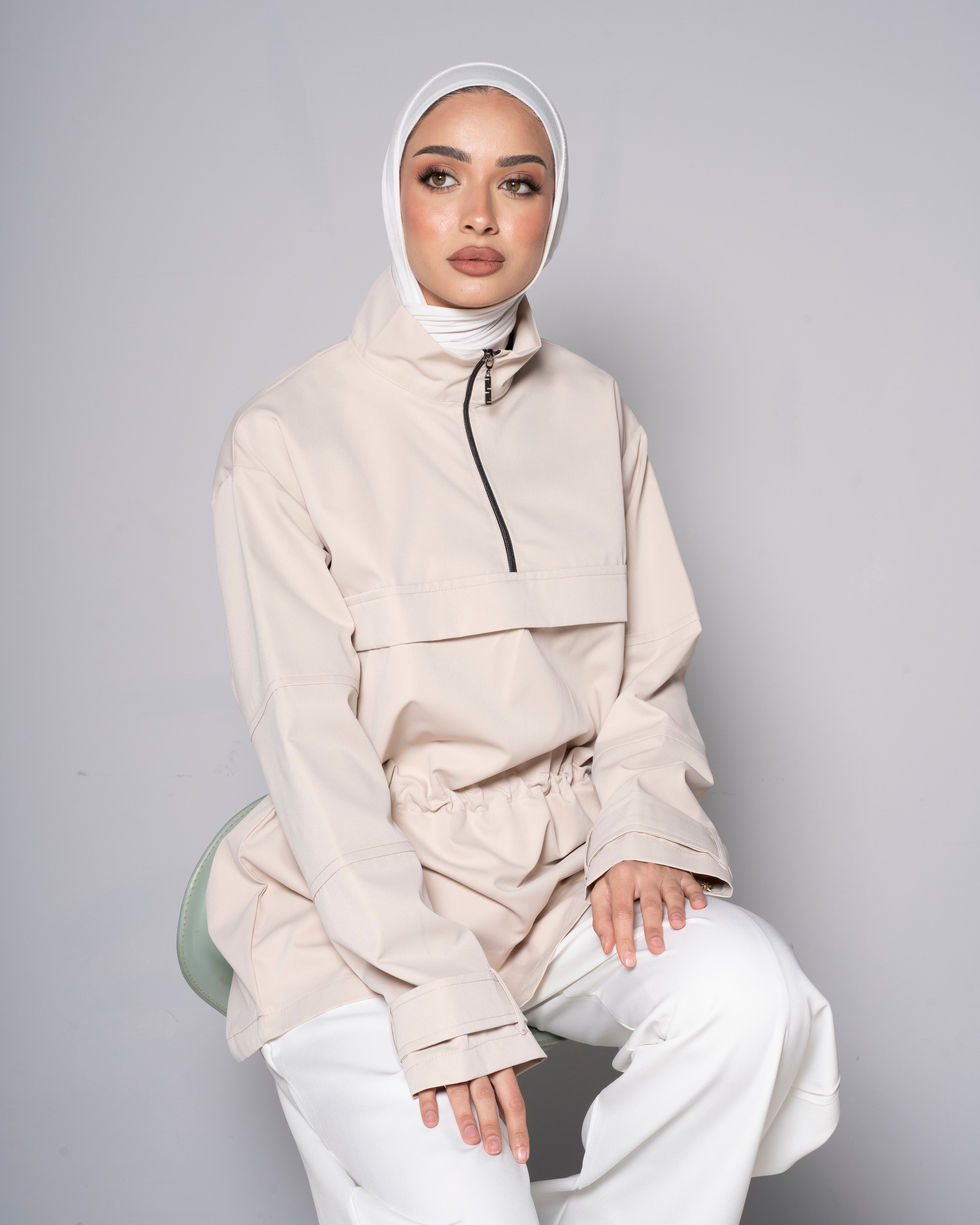 Beige Half-Zip Tunic with Cinched Waist