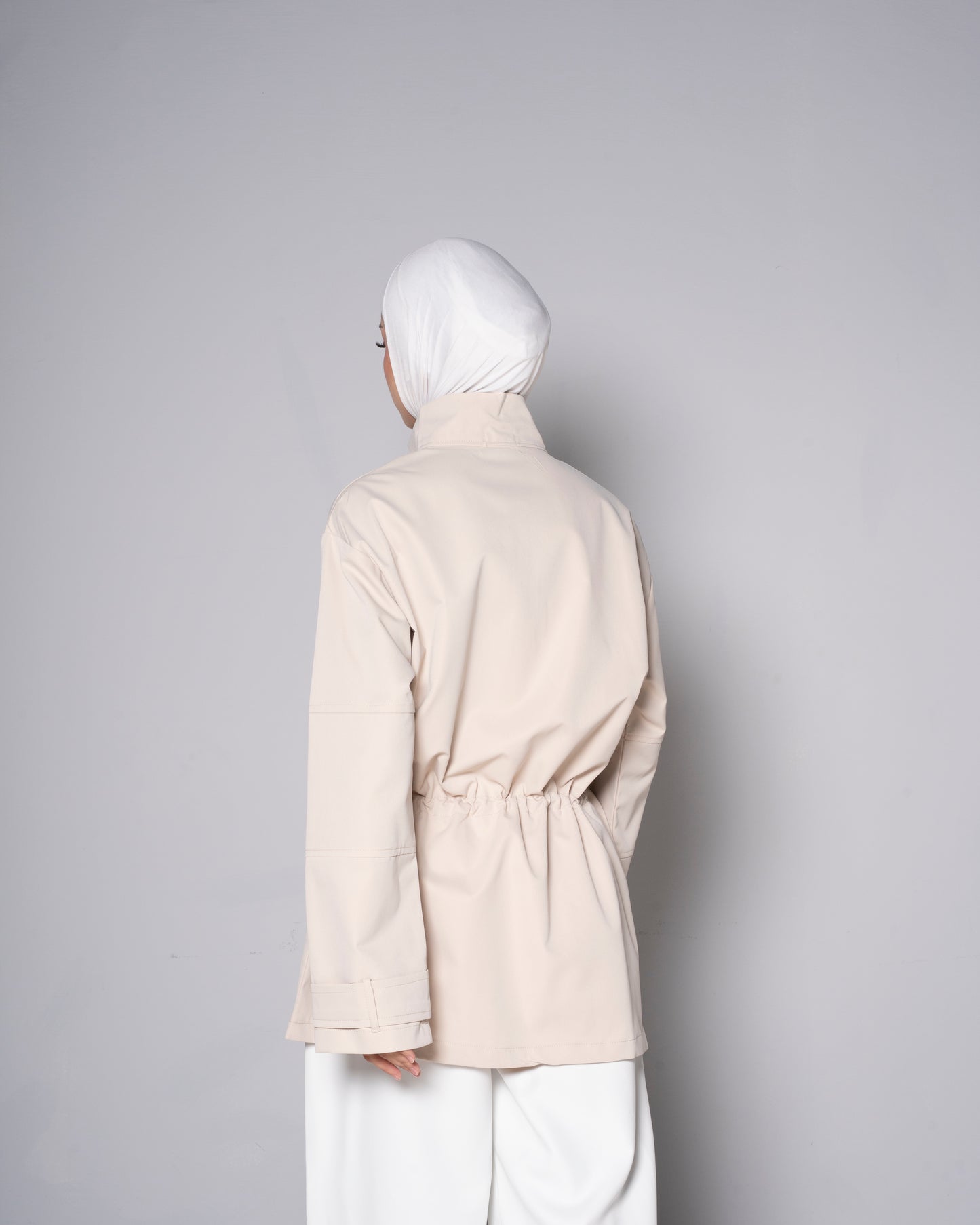 Beige Half-Zip Tunic with Cinched Waist