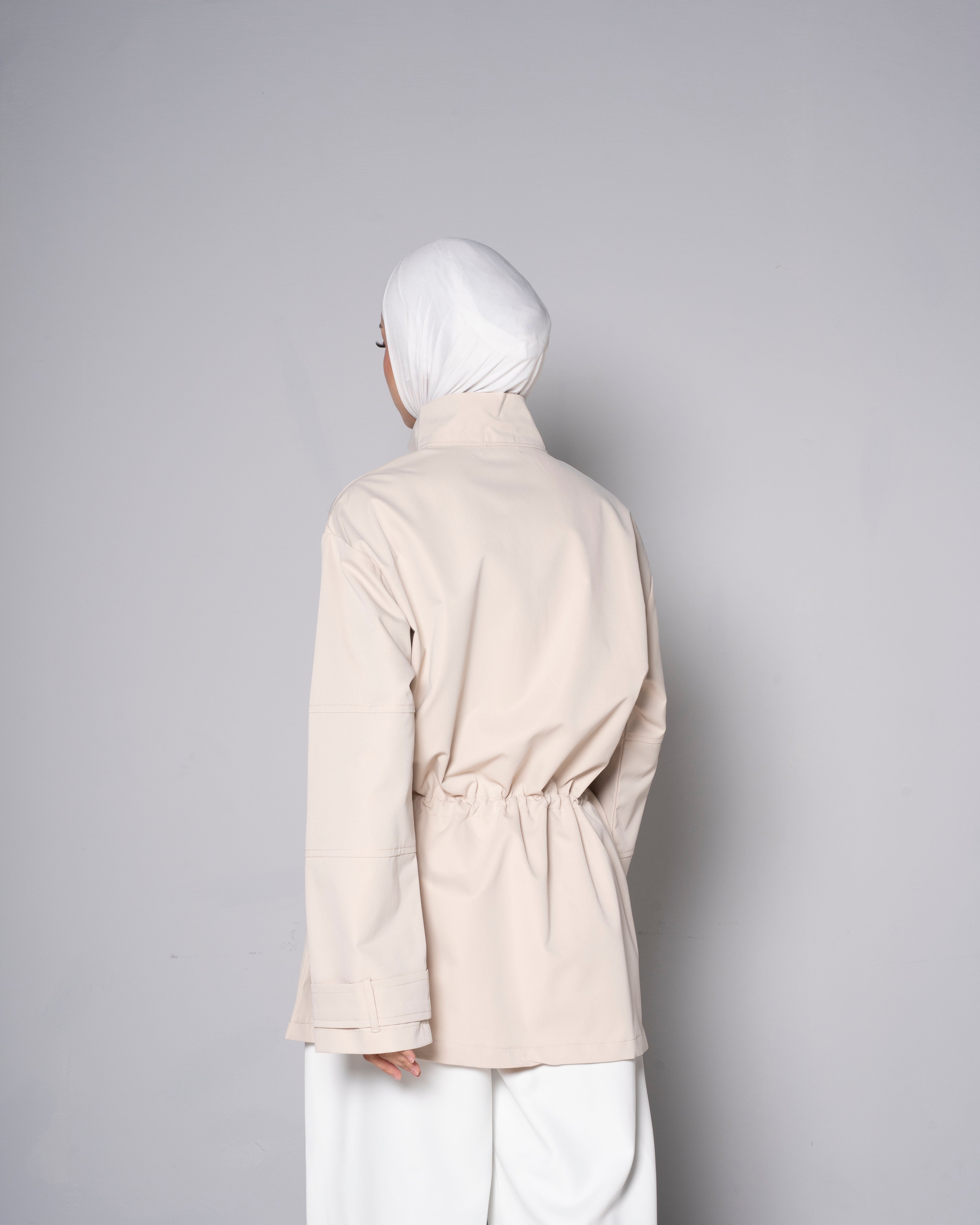 Beige Half-Zip Tunic with Cinched Waist