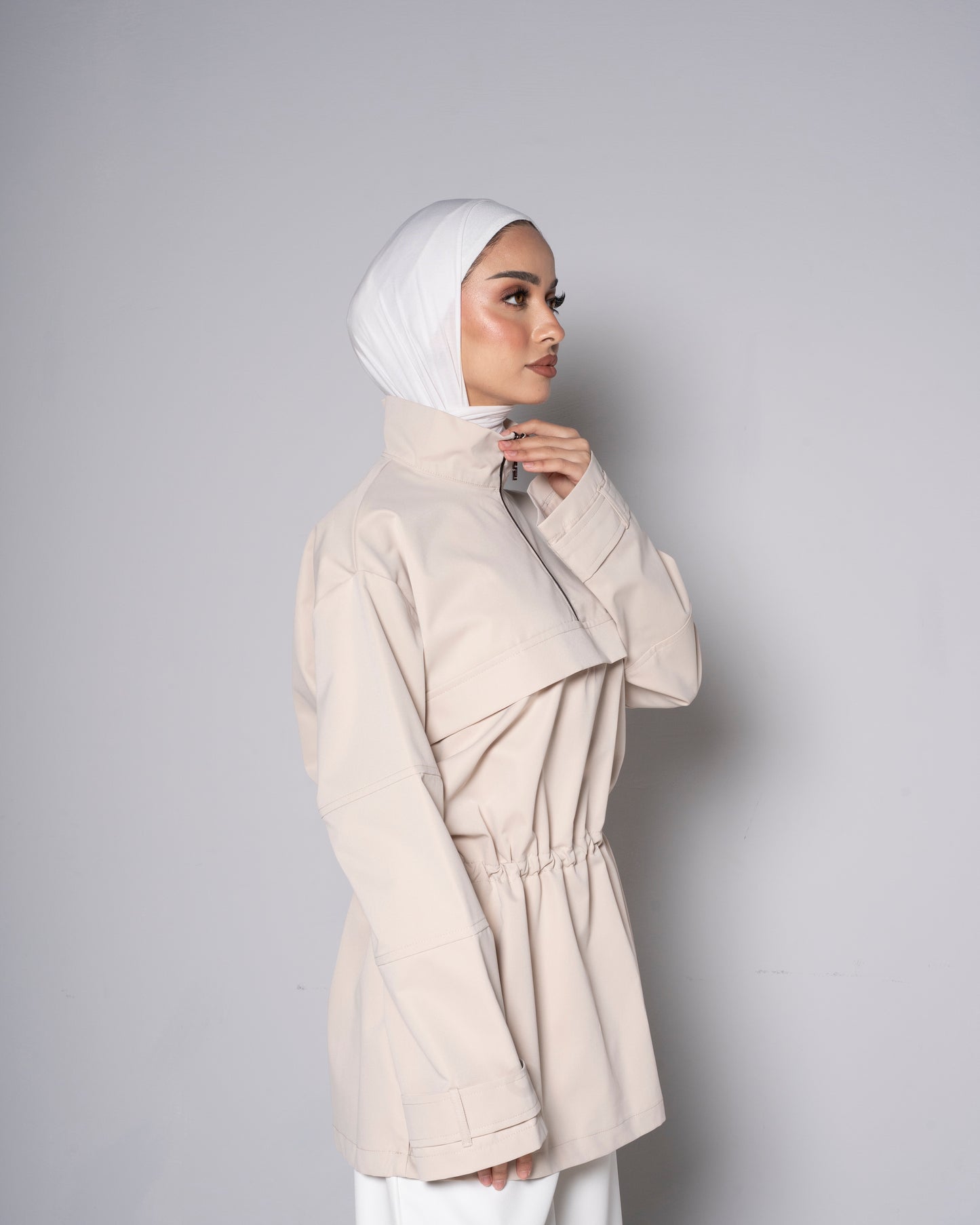 Beige Half-Zip Tunic with Cinched Waist