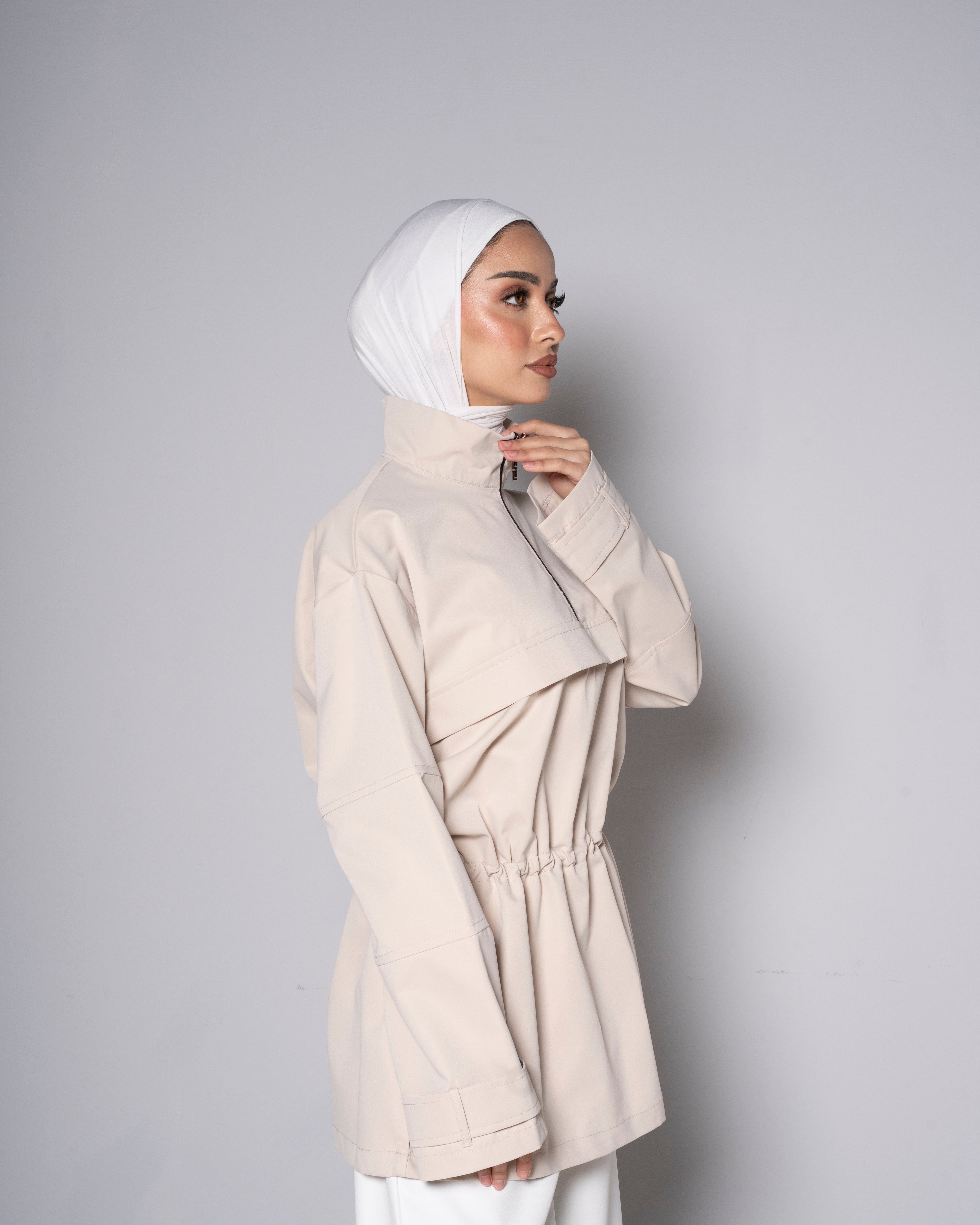 Beige Half-Zip Tunic with Cinched Waist