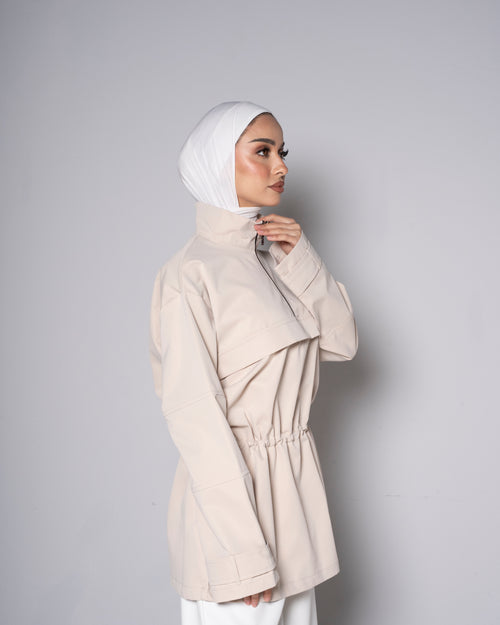 Beige Half-Zip Tunic with Cinched Waist
