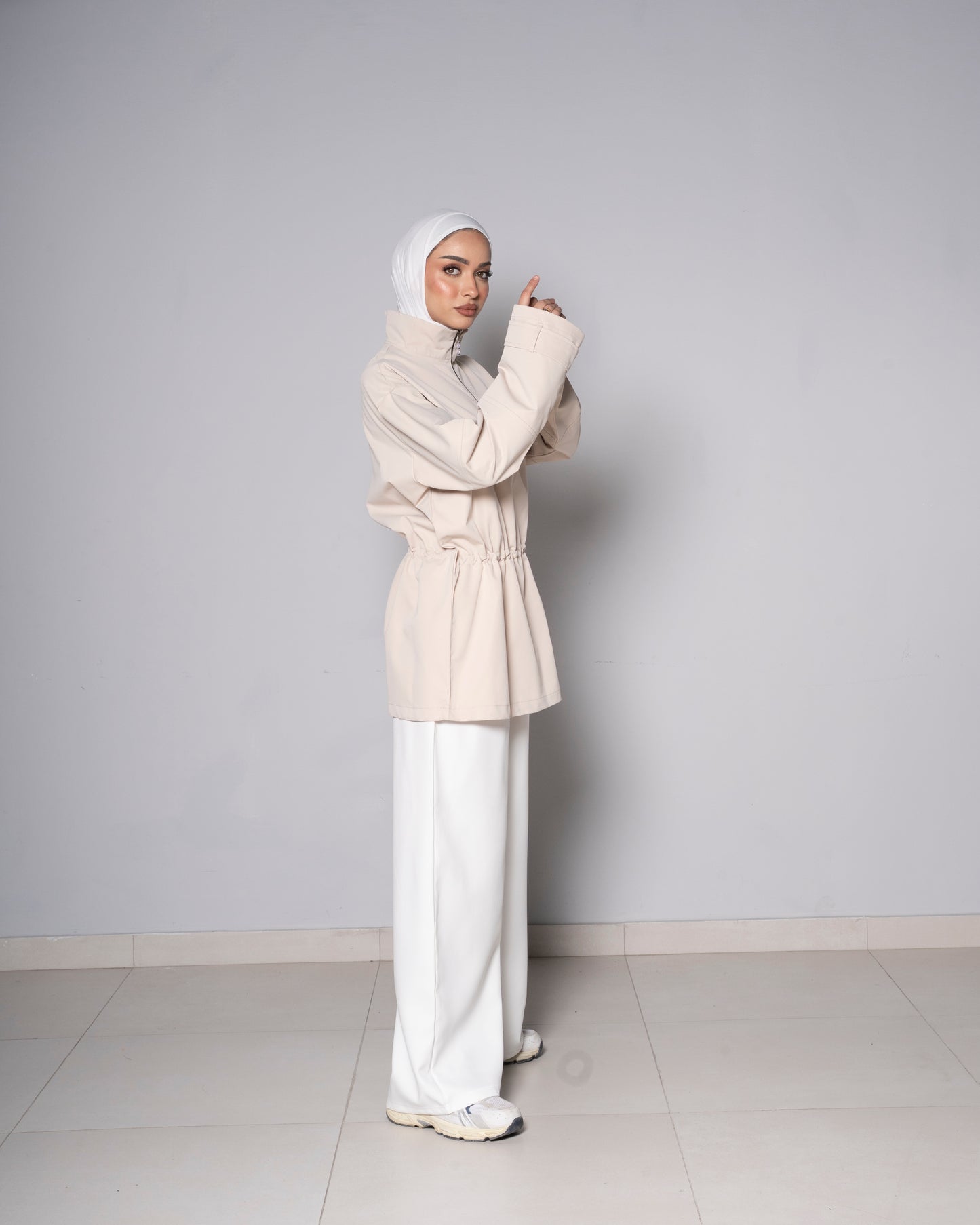 Beige Half-Zip Tunic with Cinched Waist