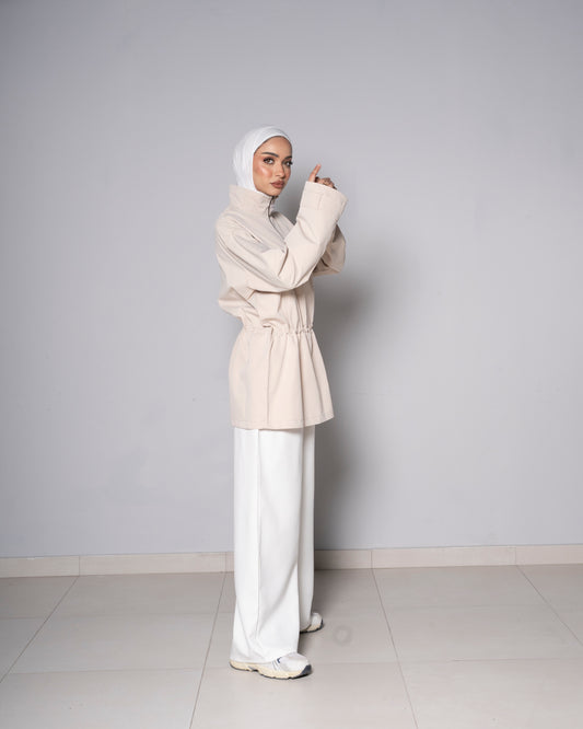 Beige Half-Zip Tunic with Cinched Waist