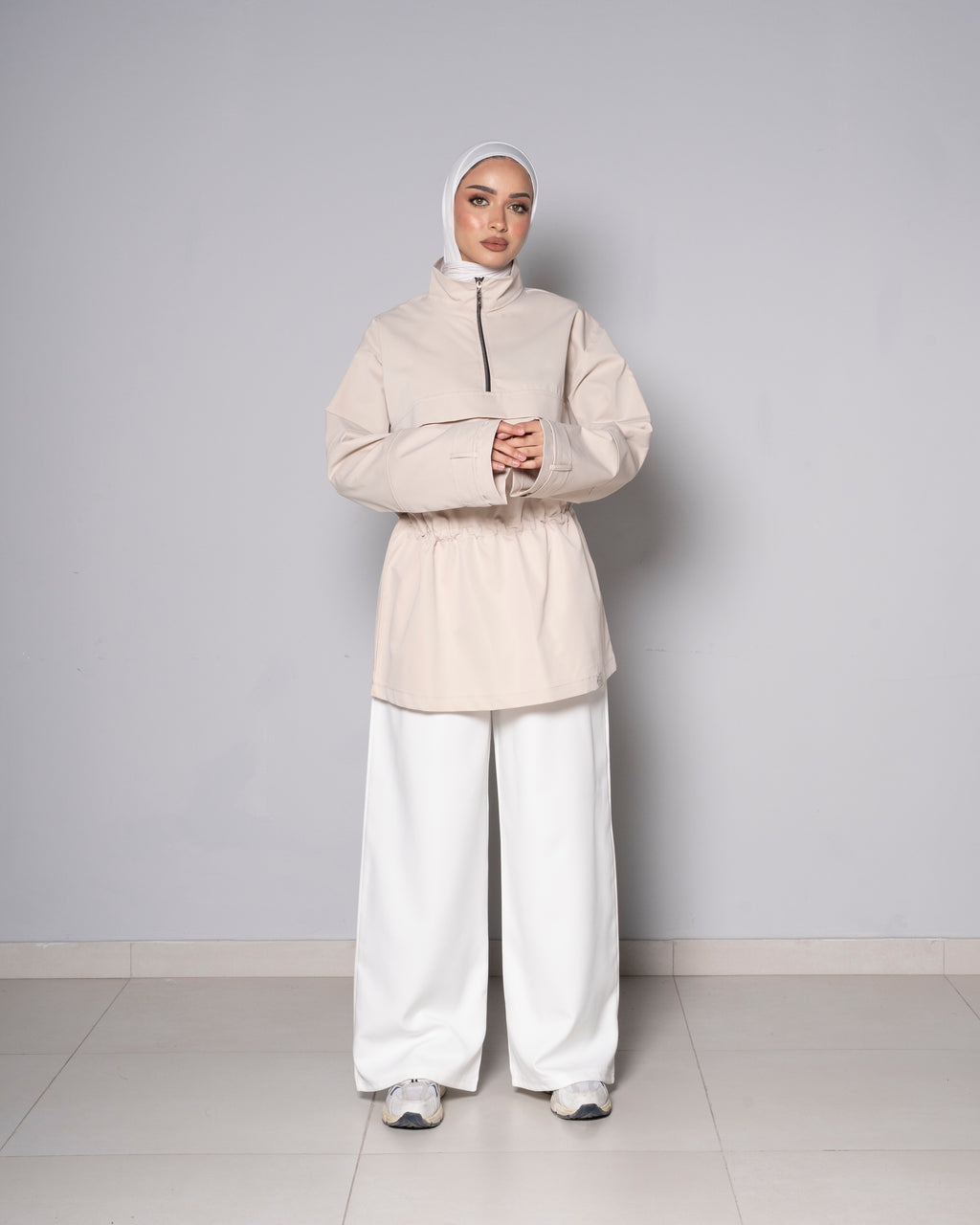 Beige Half-Zip Tunic with Cinched Waist