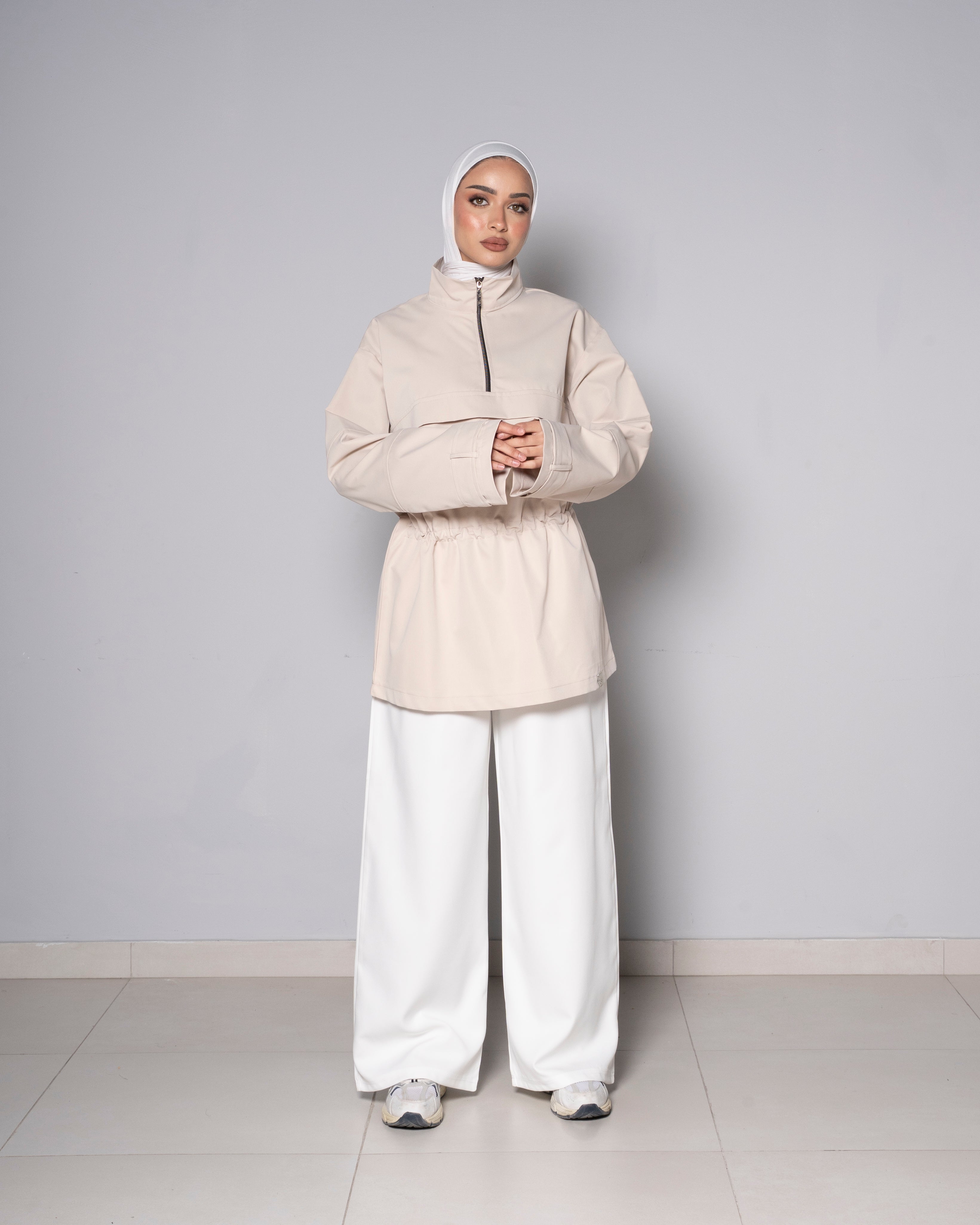 Beige Half-Zip Tunic with Cinched Waist