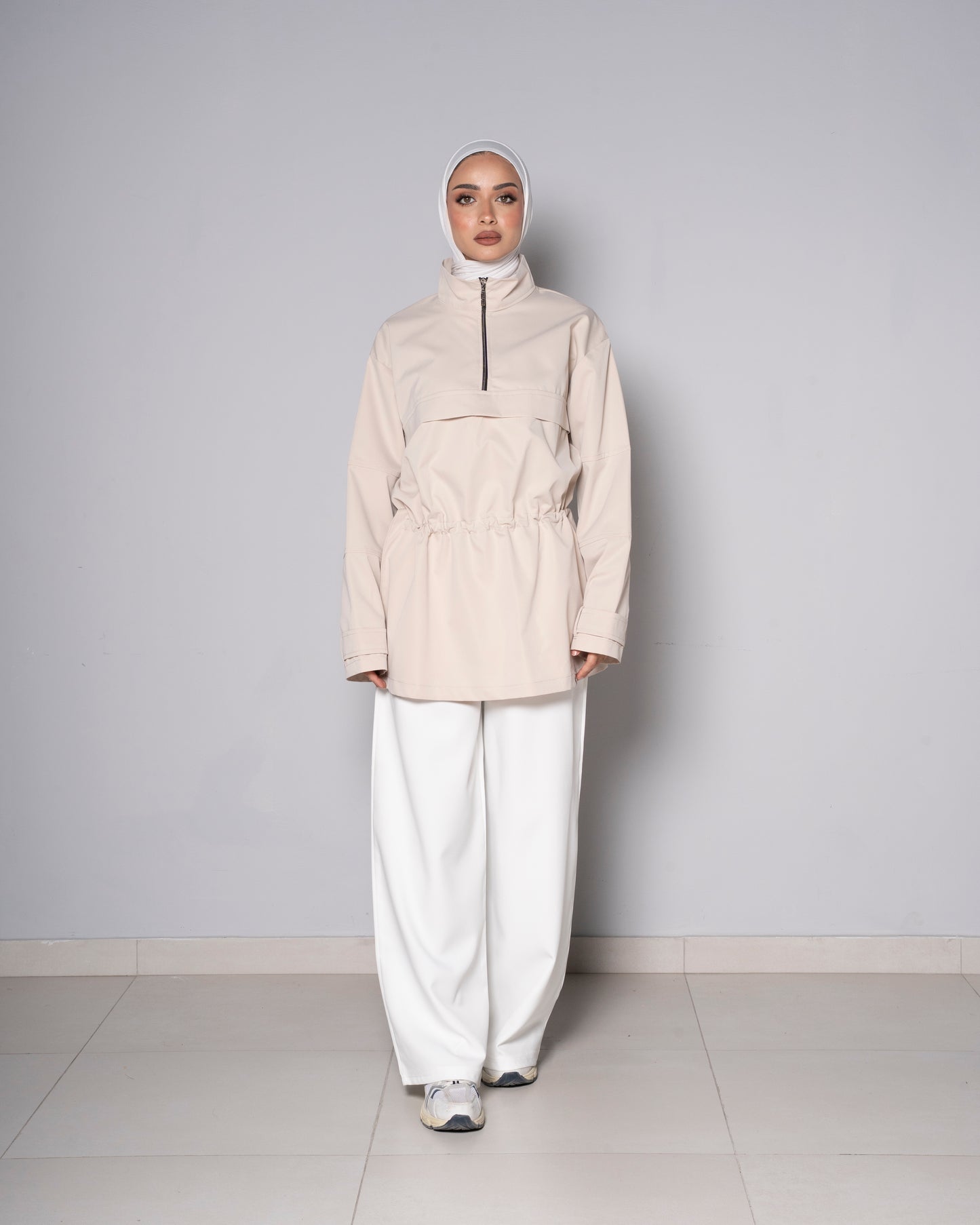 Beige Half-Zip Tunic with Cinched Waist