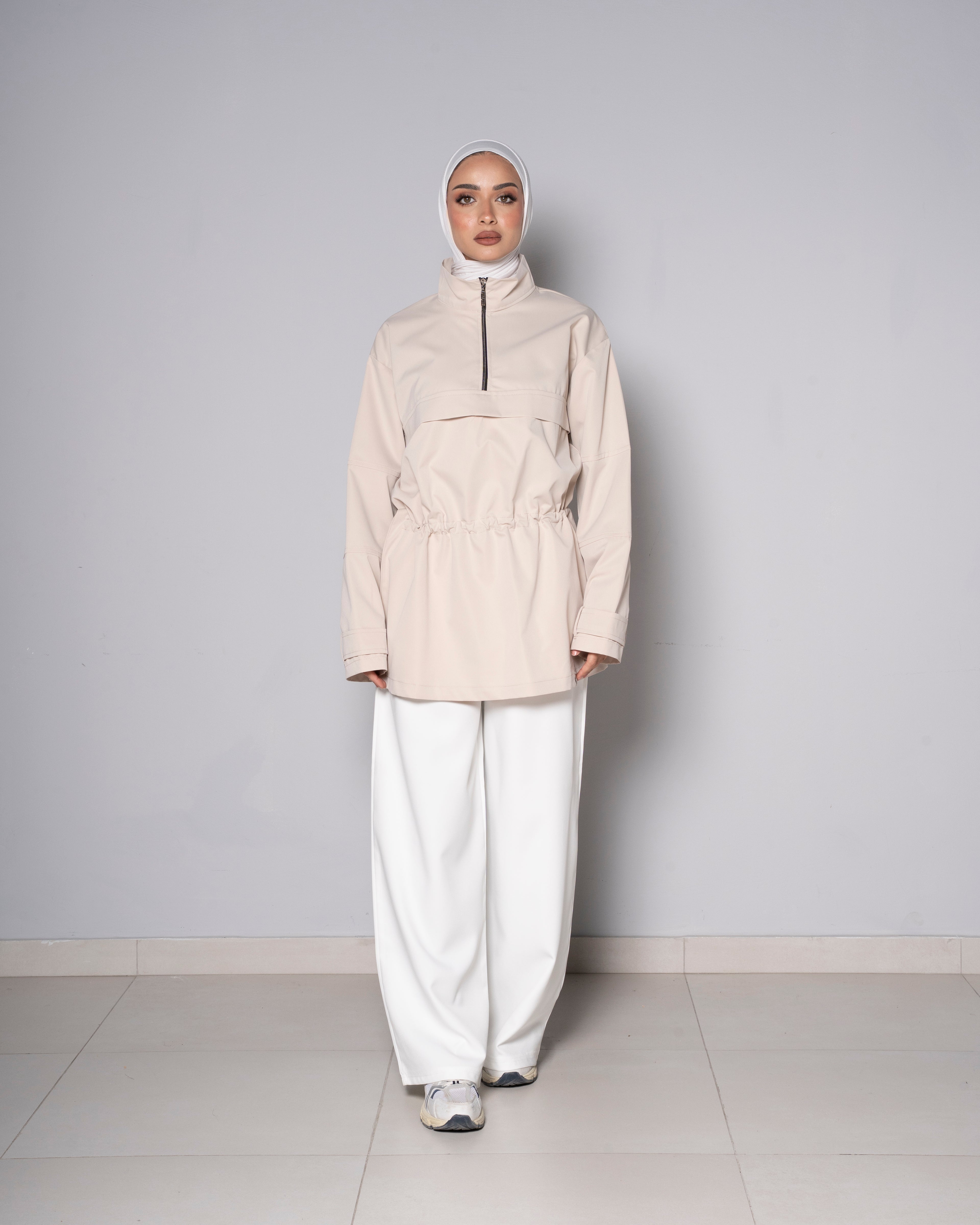 Beige Half-Zip Tunic with Cinched Waist