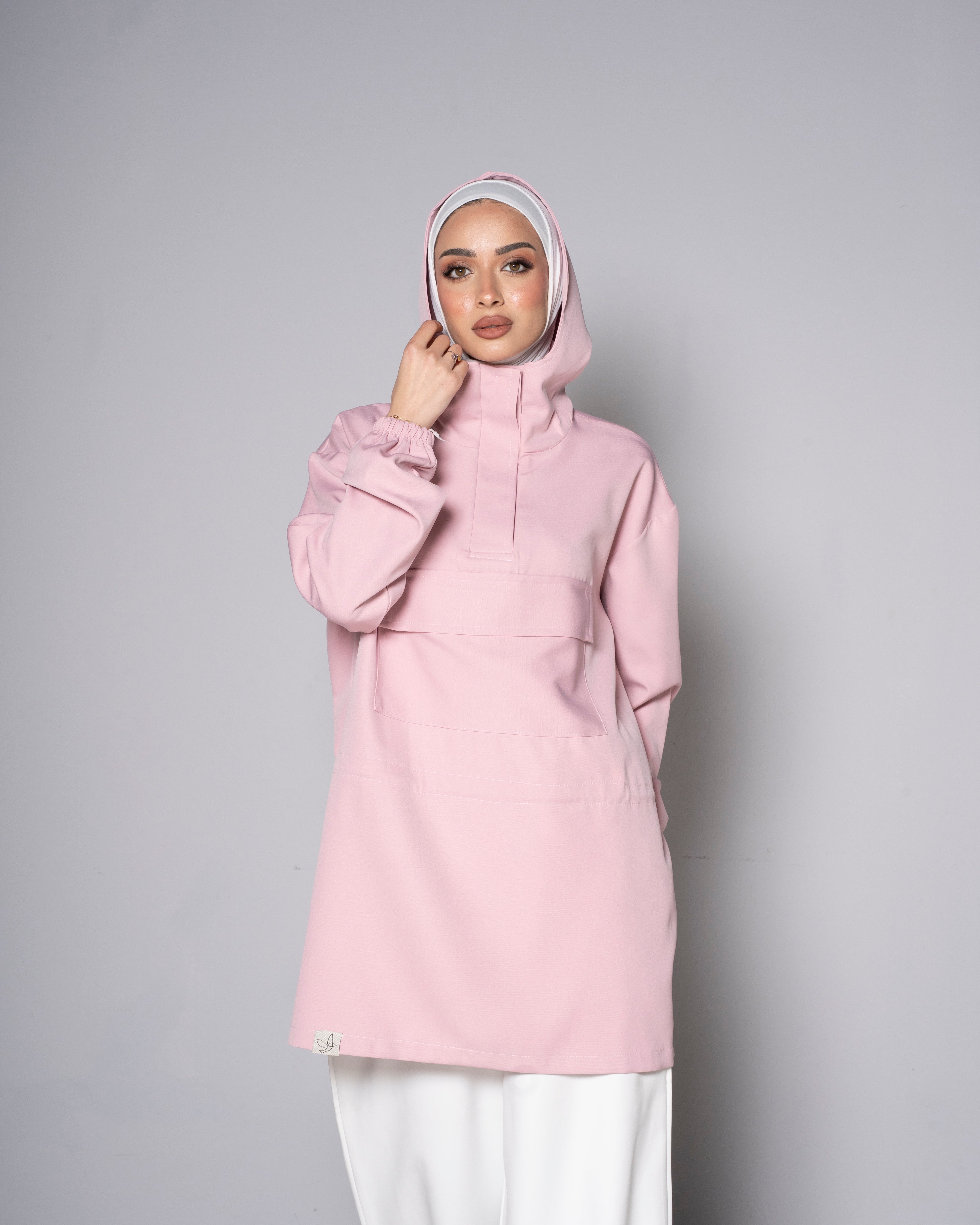 Pink Half-Zip Short Hoodie with Cinched waist