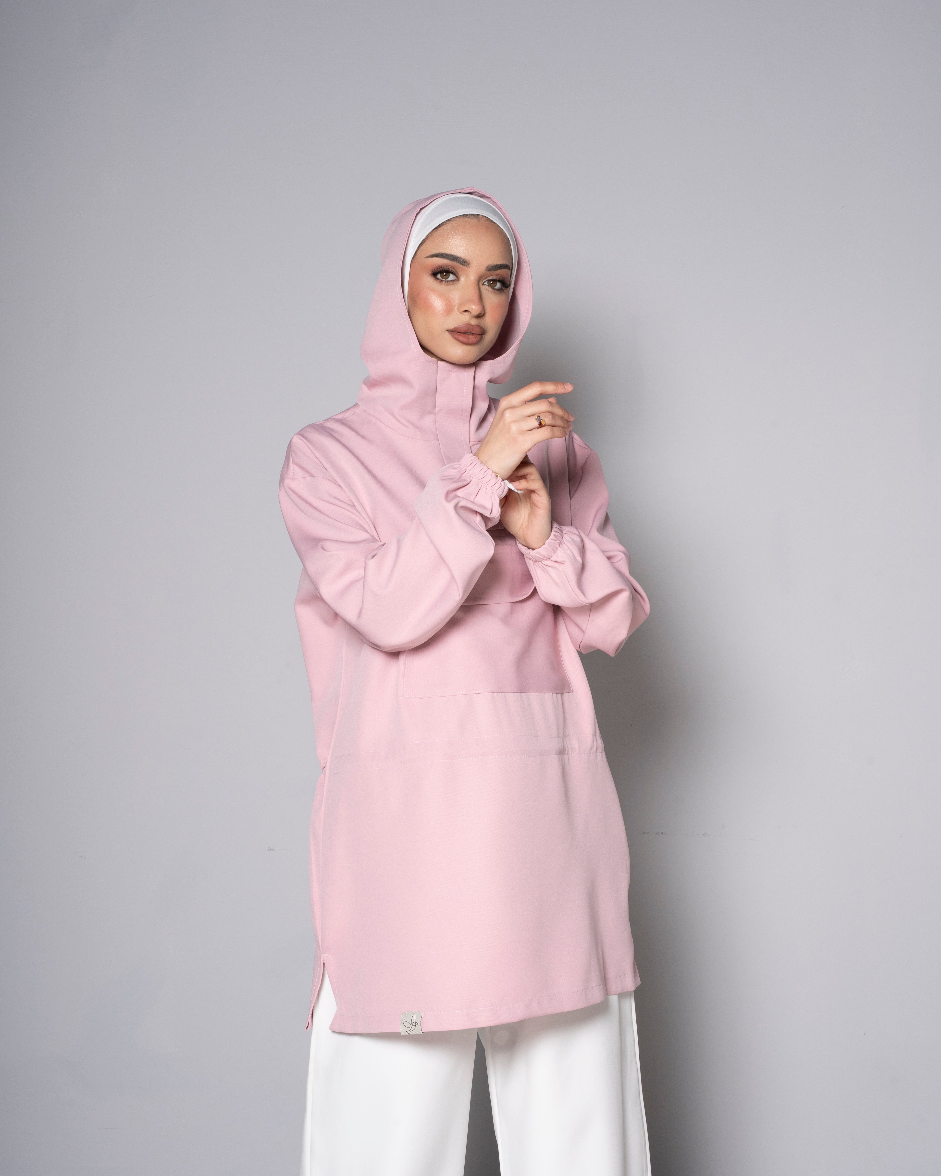 Pink Half-Zip Short Hoodie with Cinched waist