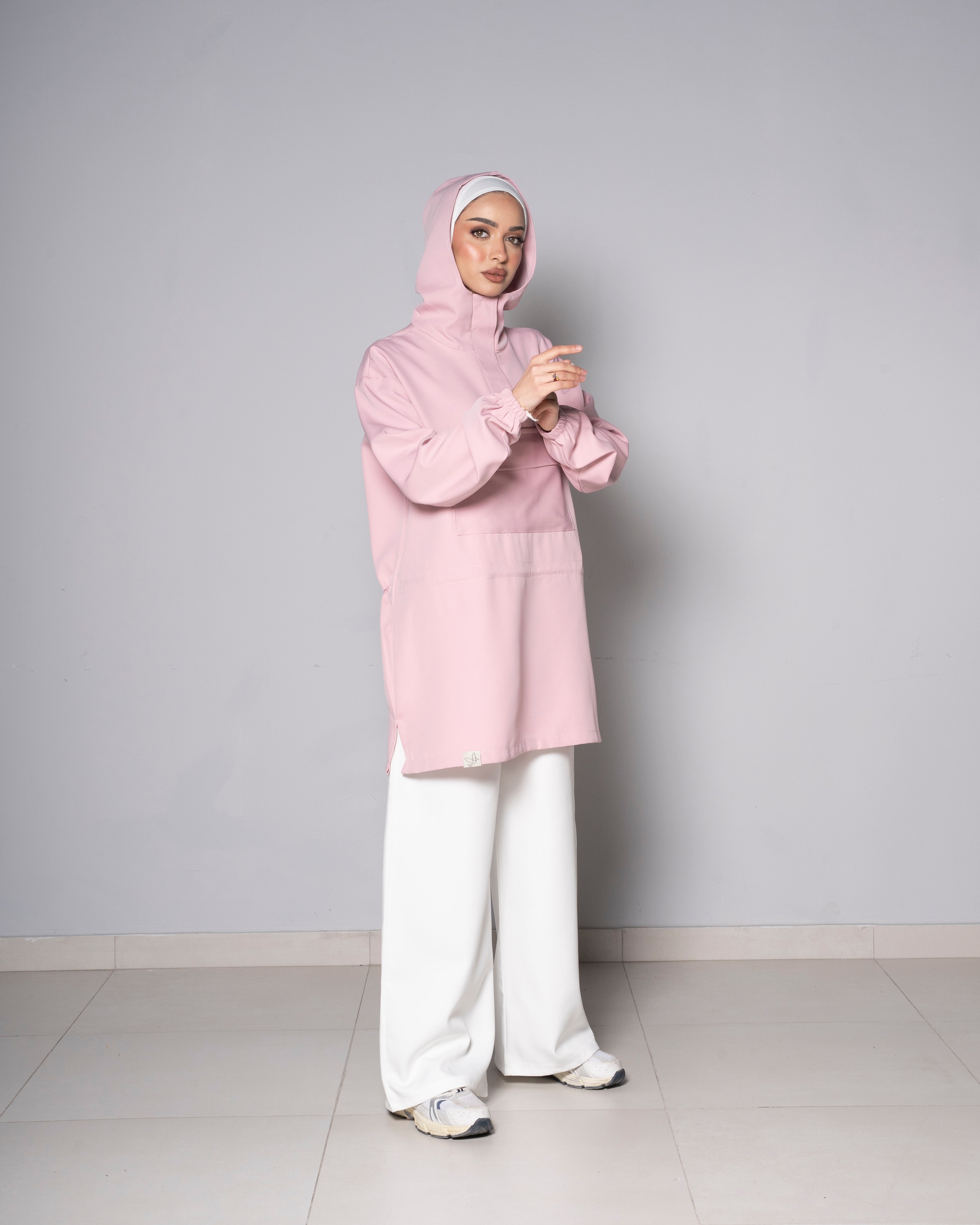 Pink Half-Zip Short Hoodie with Cinched waist