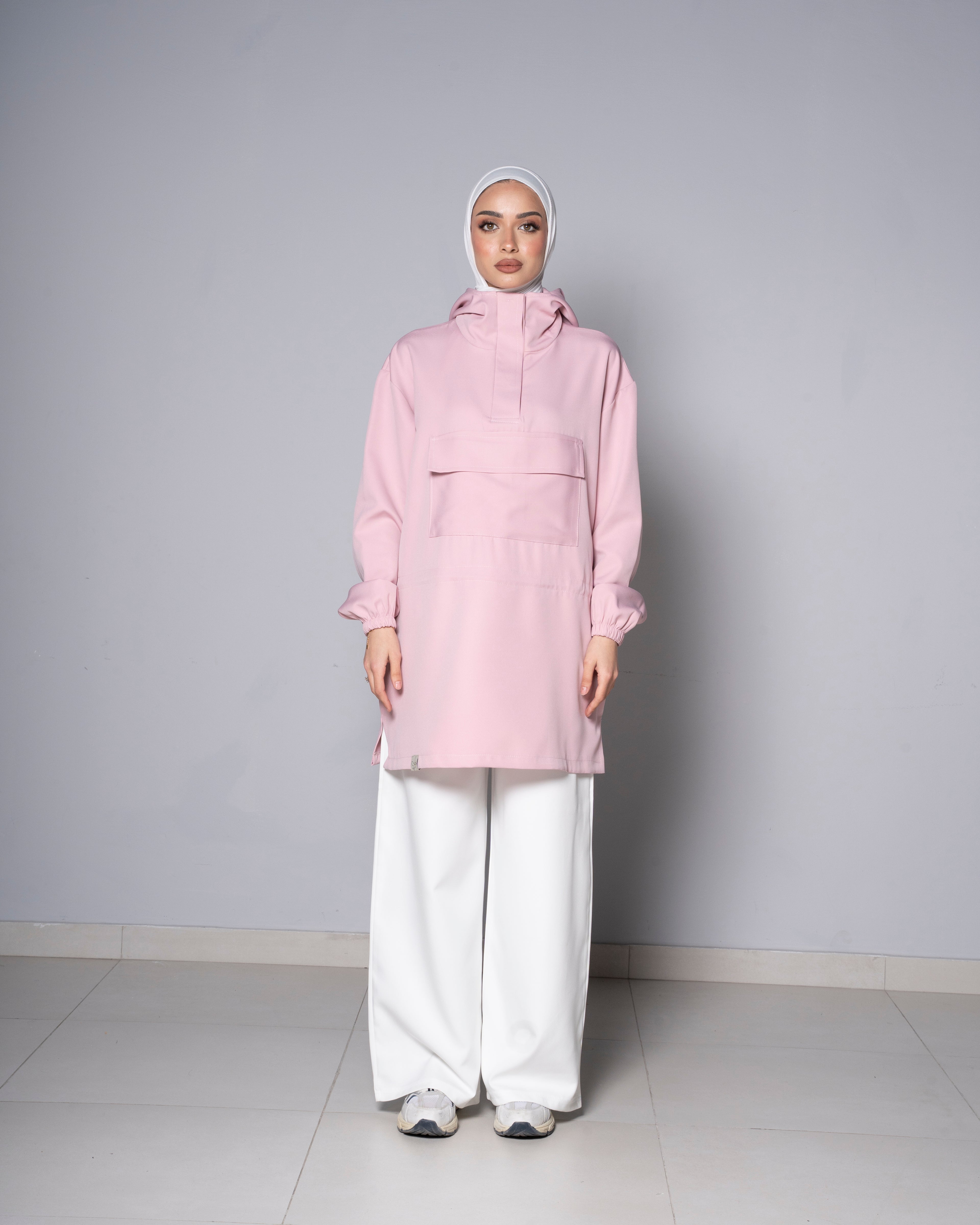 Pink Half-Zip Short Hoodie with Cinched waist