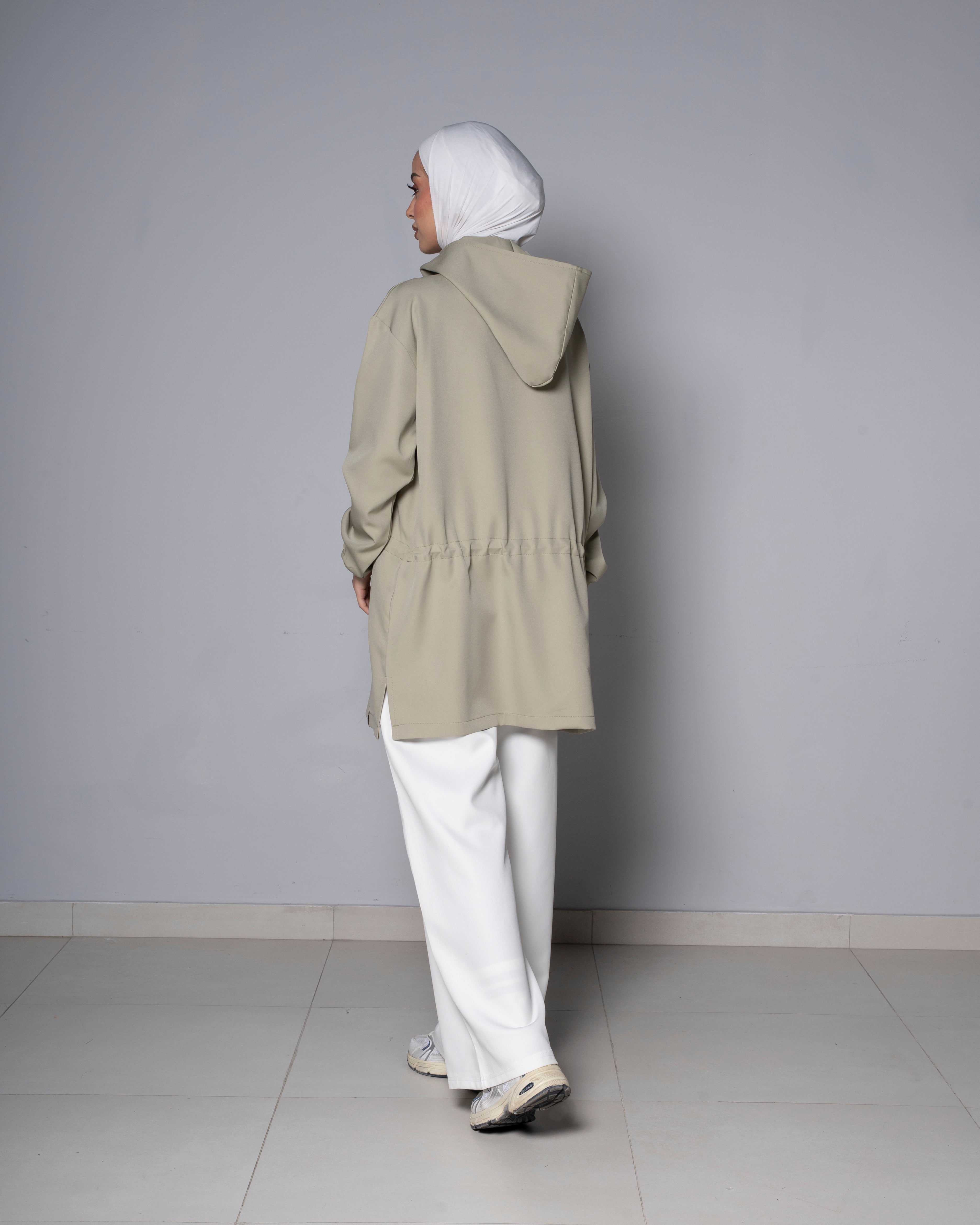 Green Half-Zip Short Hoodie with cinched waist