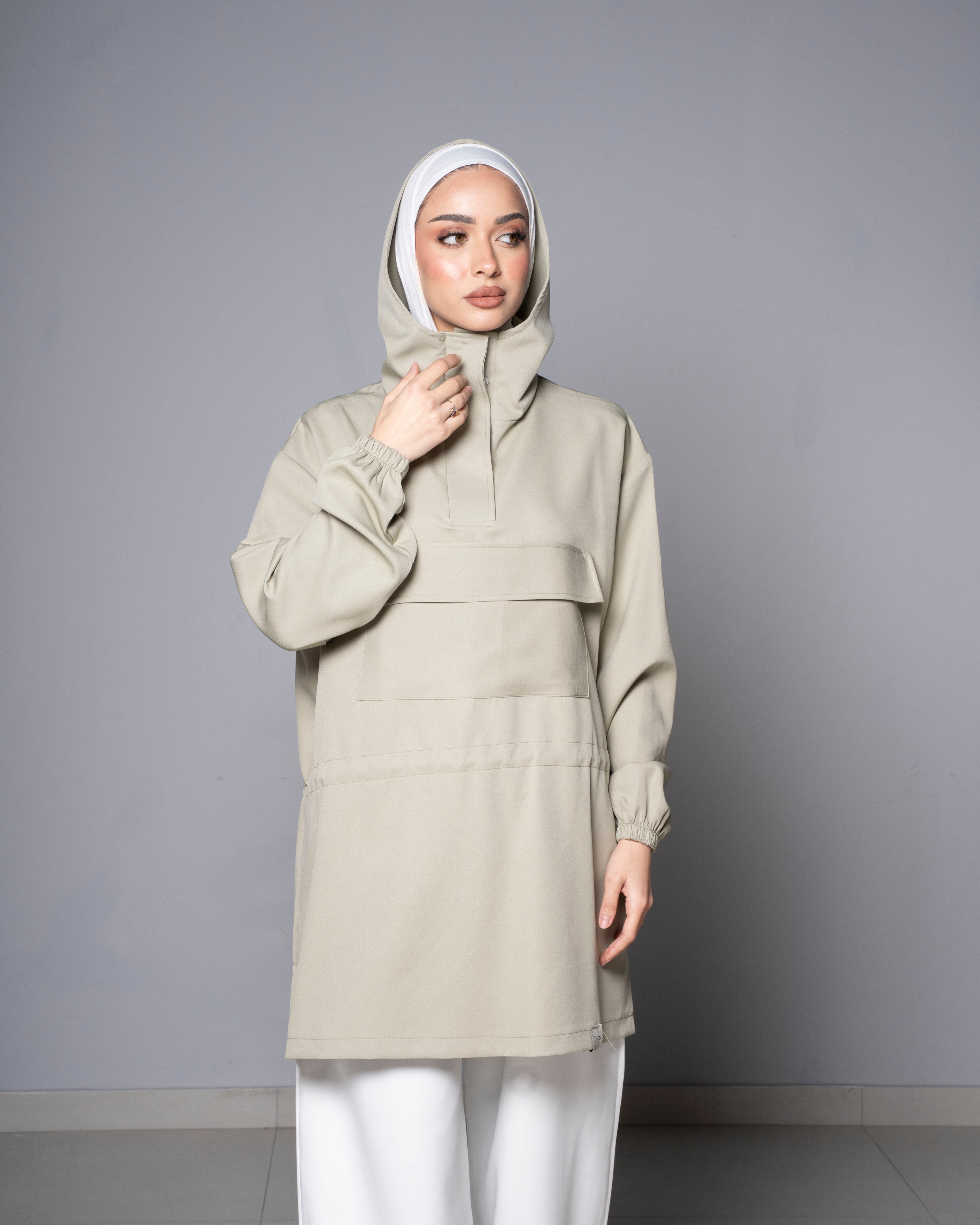 Green Half-Zip Short Hoodie with cinched waist