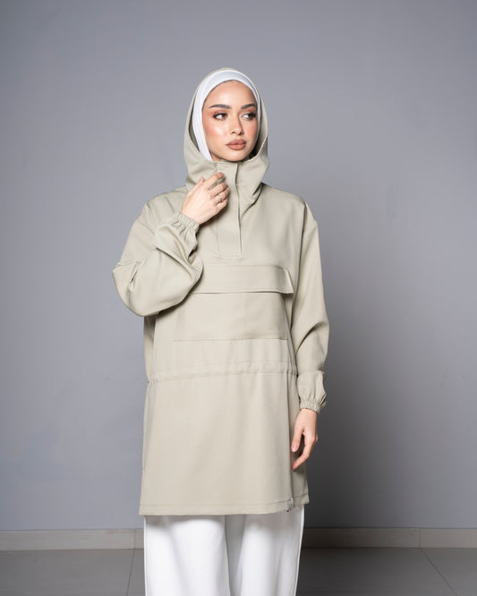 Green Half-Zip Short Hoodie with cinched waist