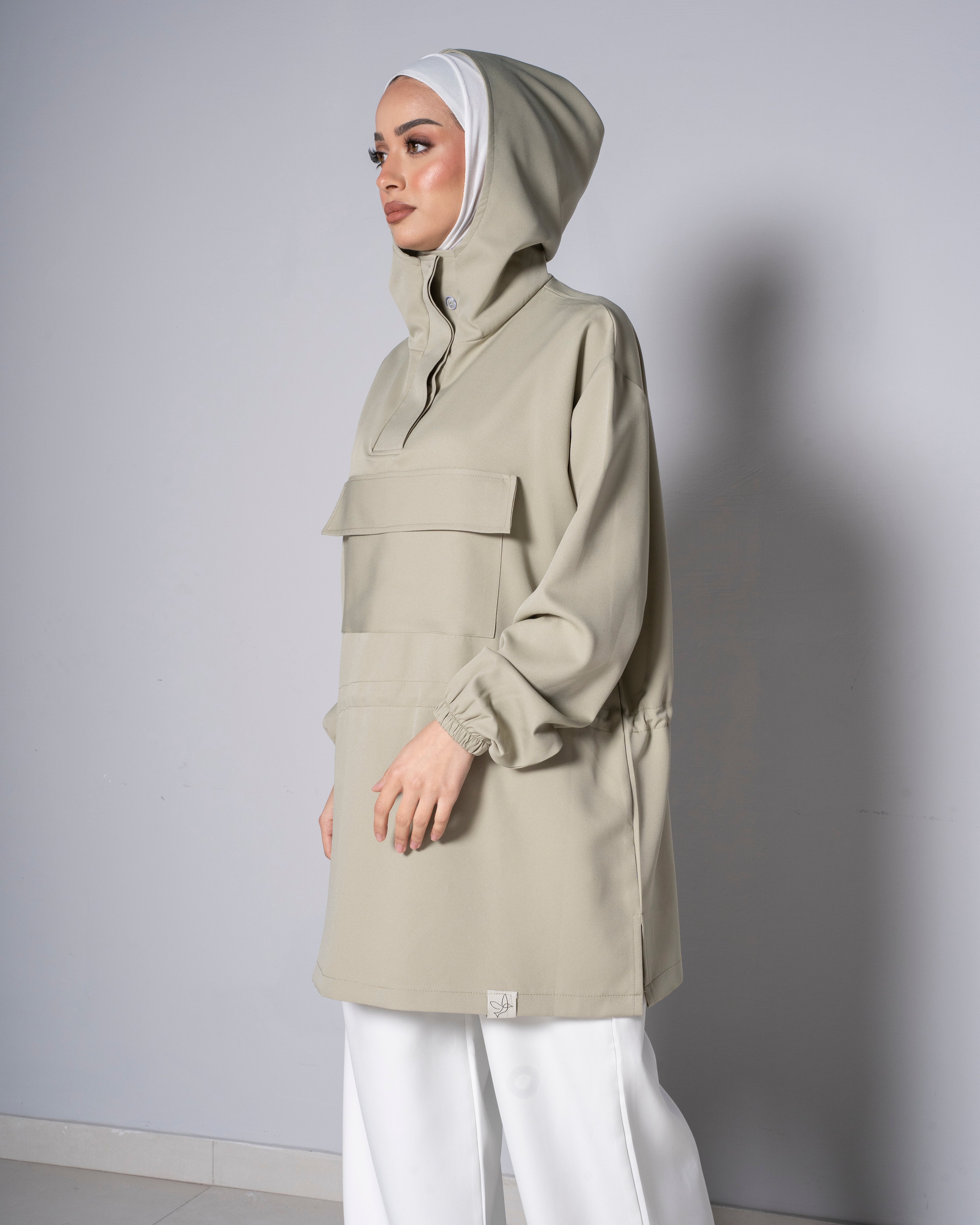 Green Half-Zip Short Hoodie with cinched waist