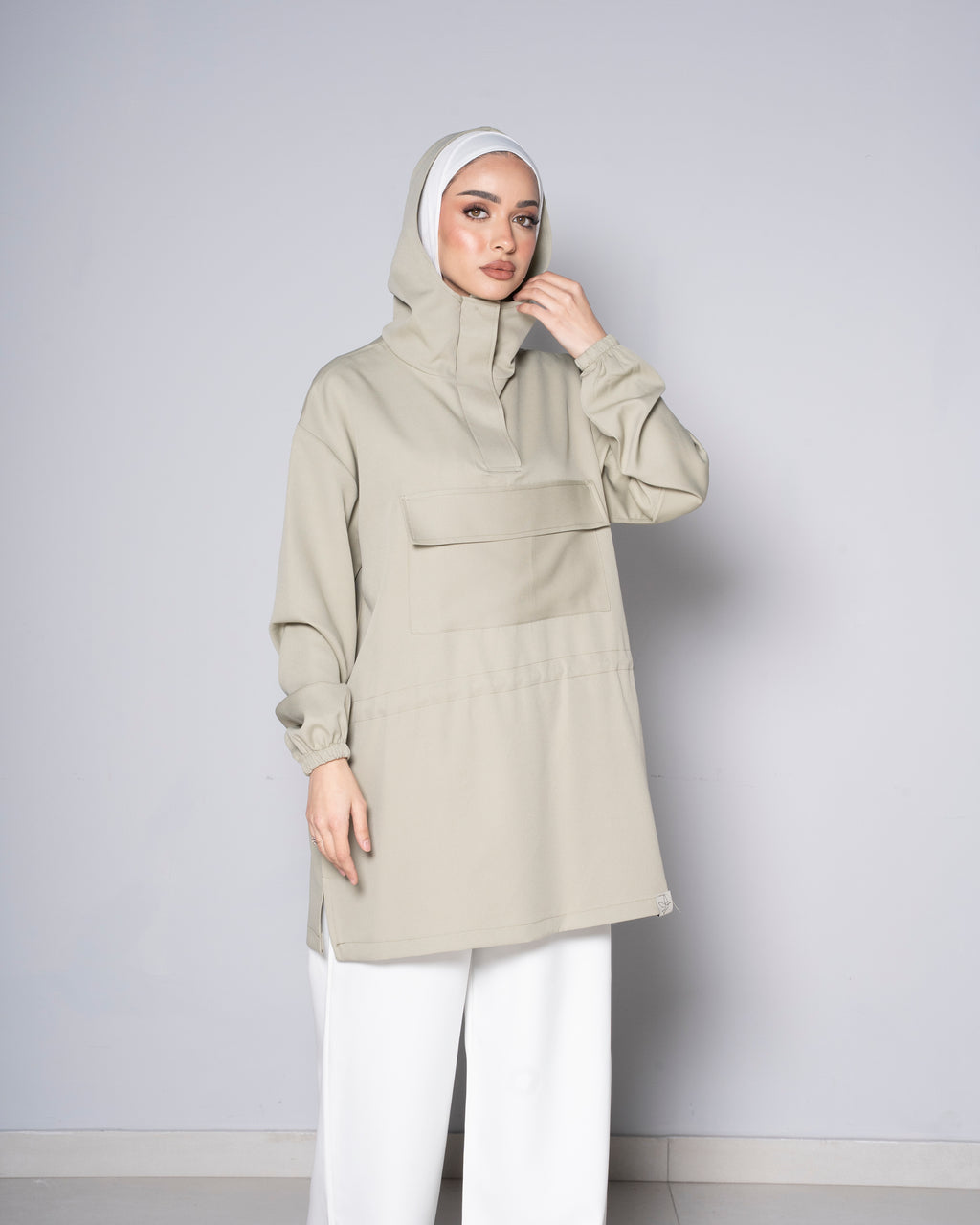 Green Half-Zip Short Hoodie with cinched waist