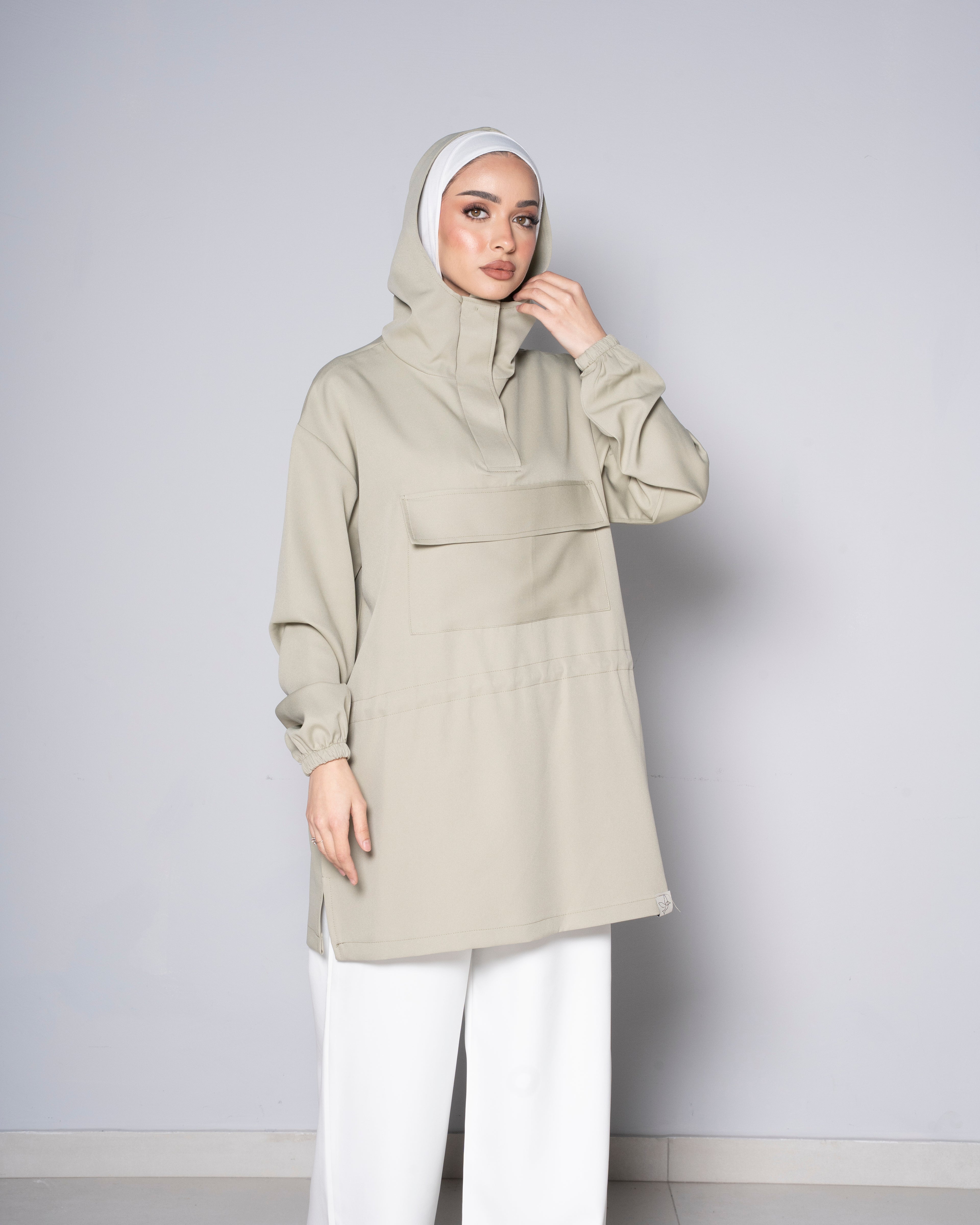 Green Half-Zip Short Hoodie with cinched waist