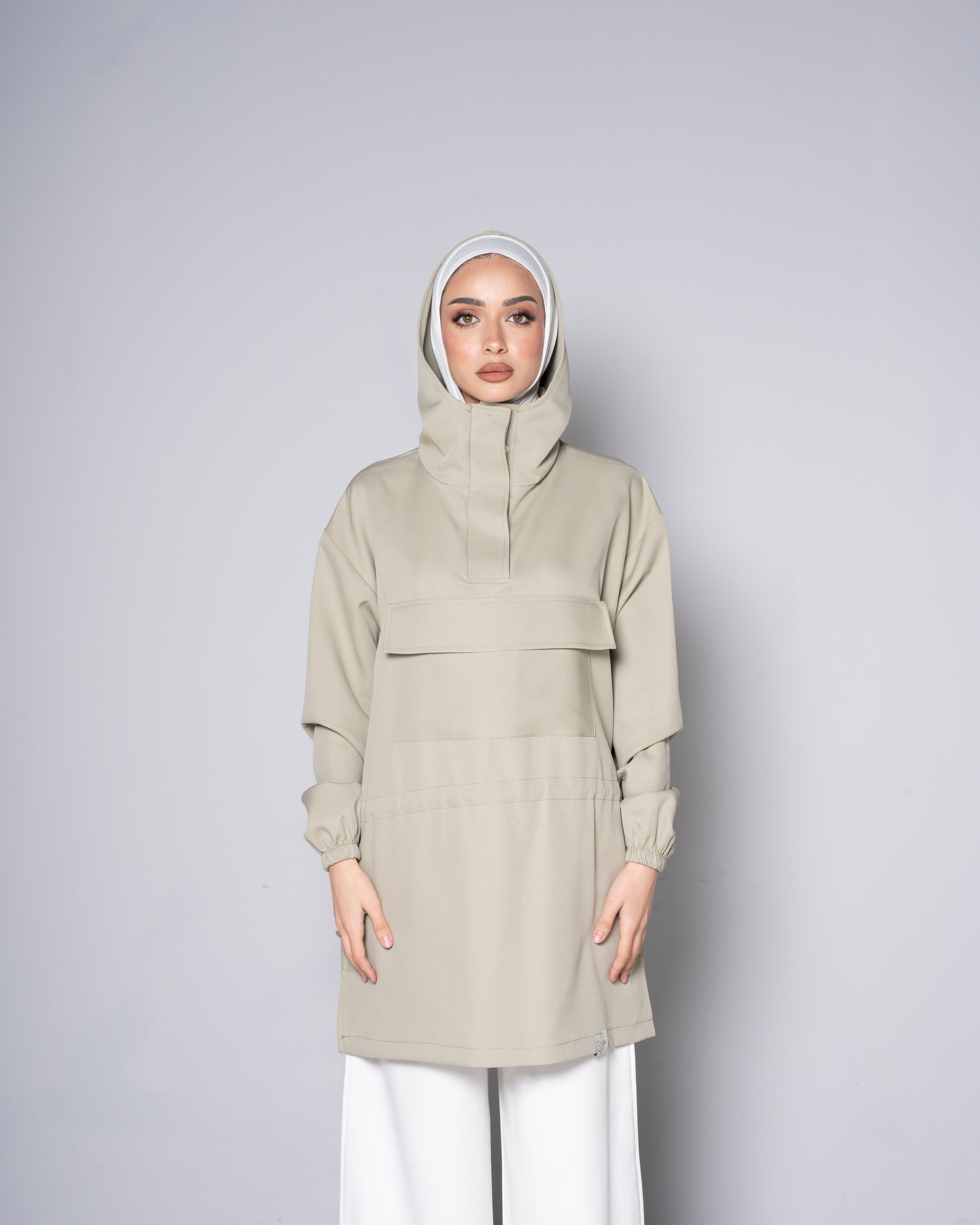 Green Half-Zip Short Hoodie with cinched waist