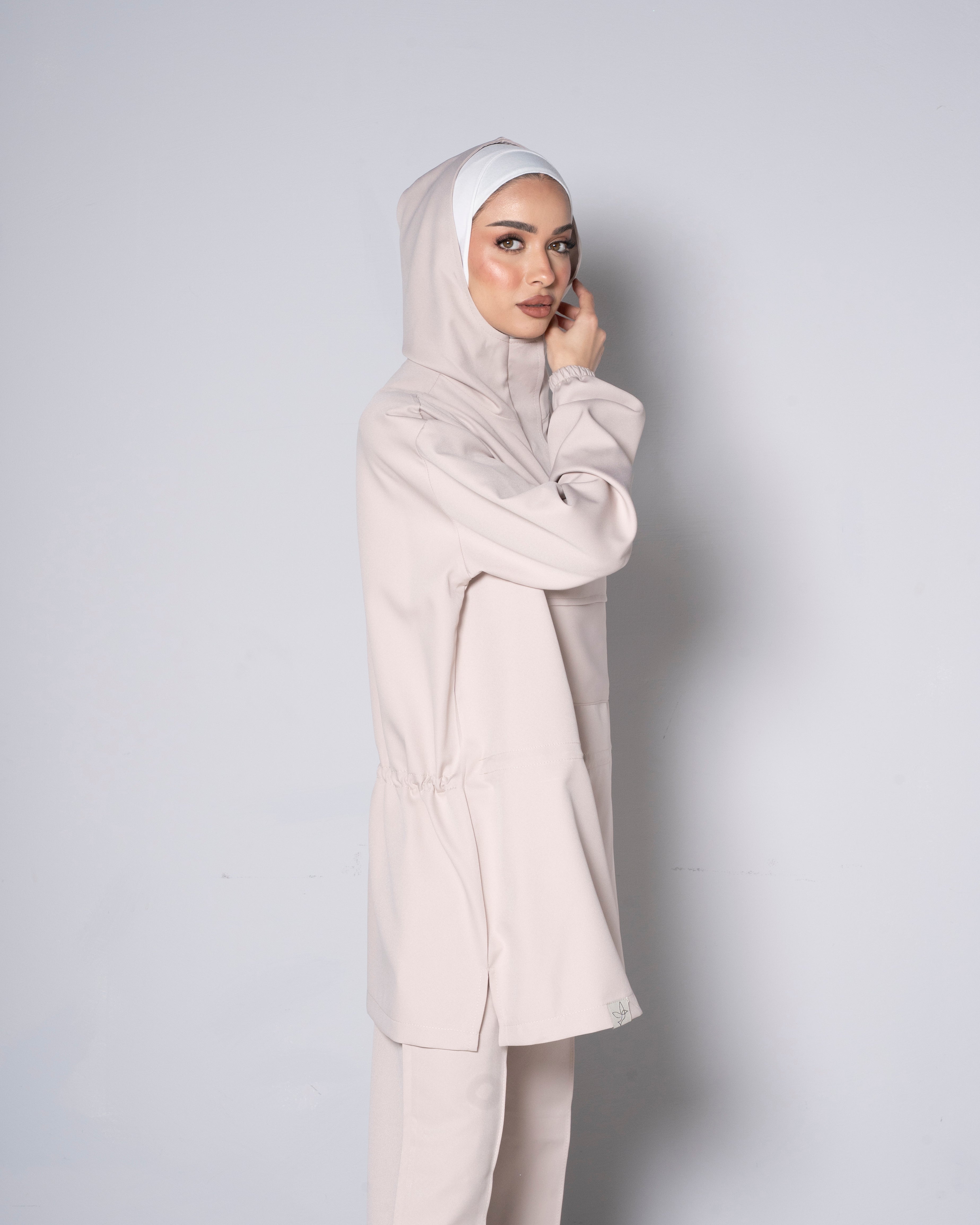 Beige Half-Zip Short Hoodie with Beige Pants