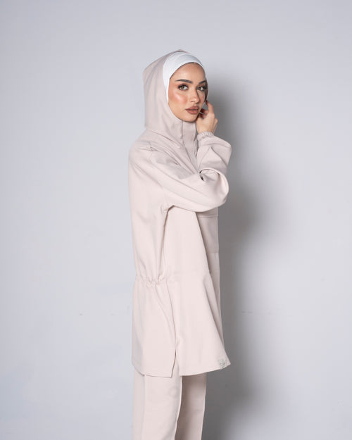 Beige Half-Zip Short Hoodie with Beige Pants