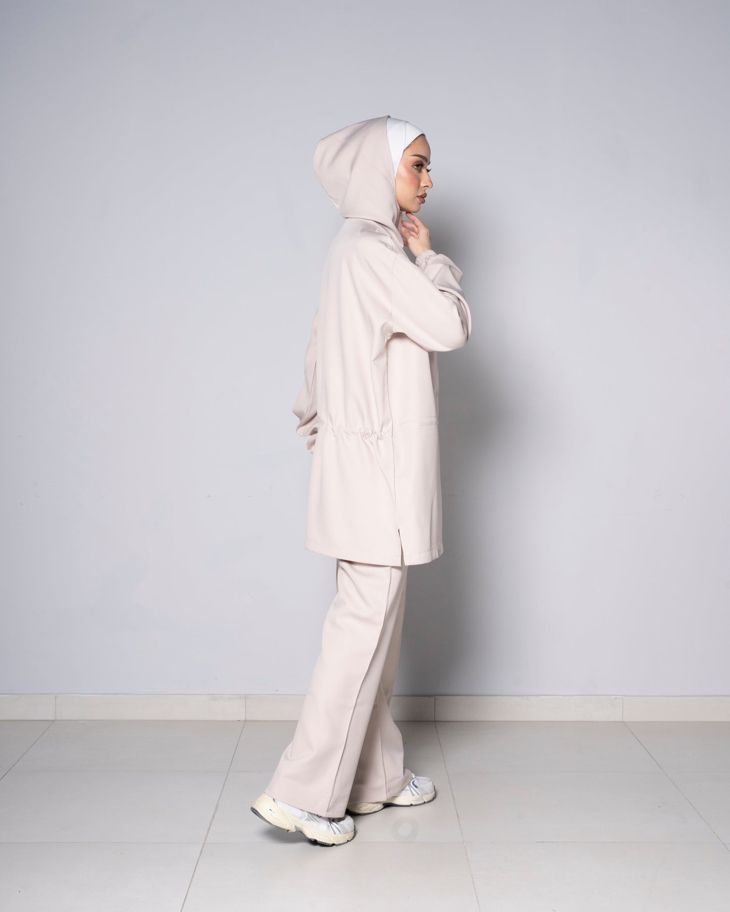 Beige Half-Zip Short Hoodie with Cinched Waist