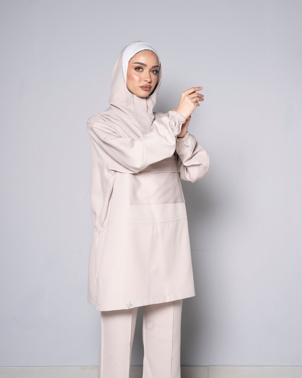 Beige Half-Zip Short Hoodie with Cinched Waist